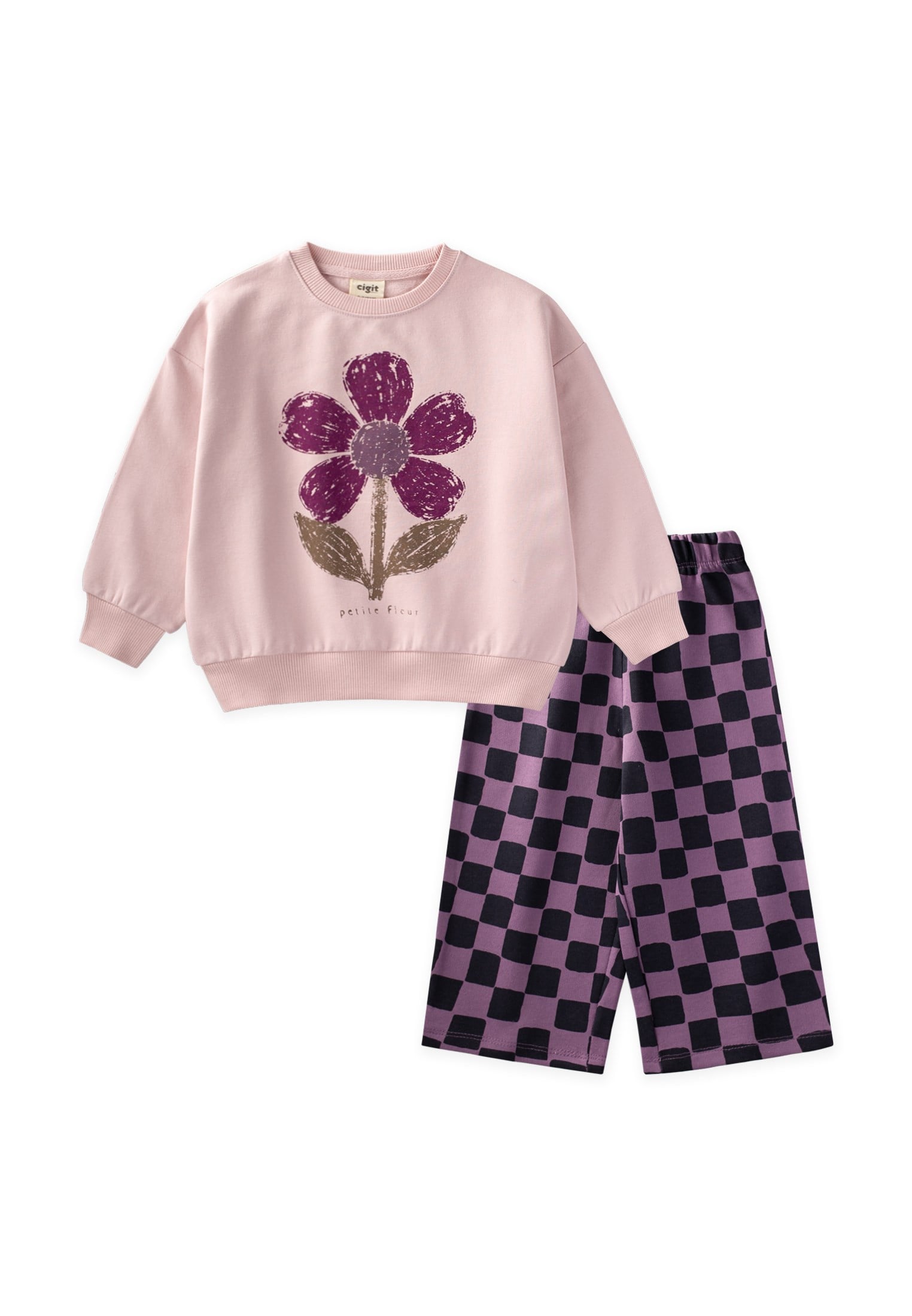 CigitDesenli Sweatshirt Takım 8-12 Yaş PUDRA PEMBE