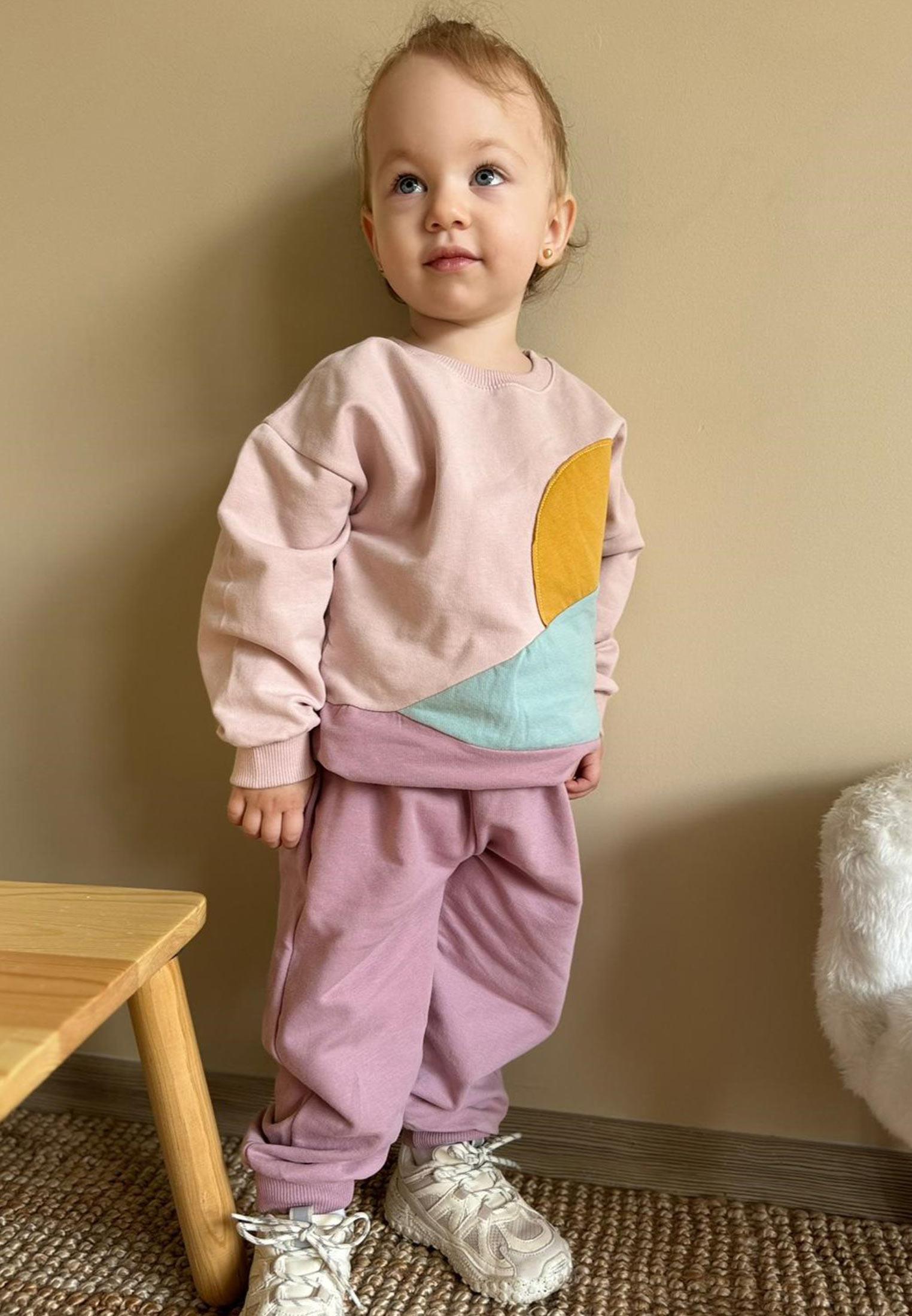 CigitAplikei Colour Block Sweatshirt Takım 1-7 Yaş Pudra Pembe
