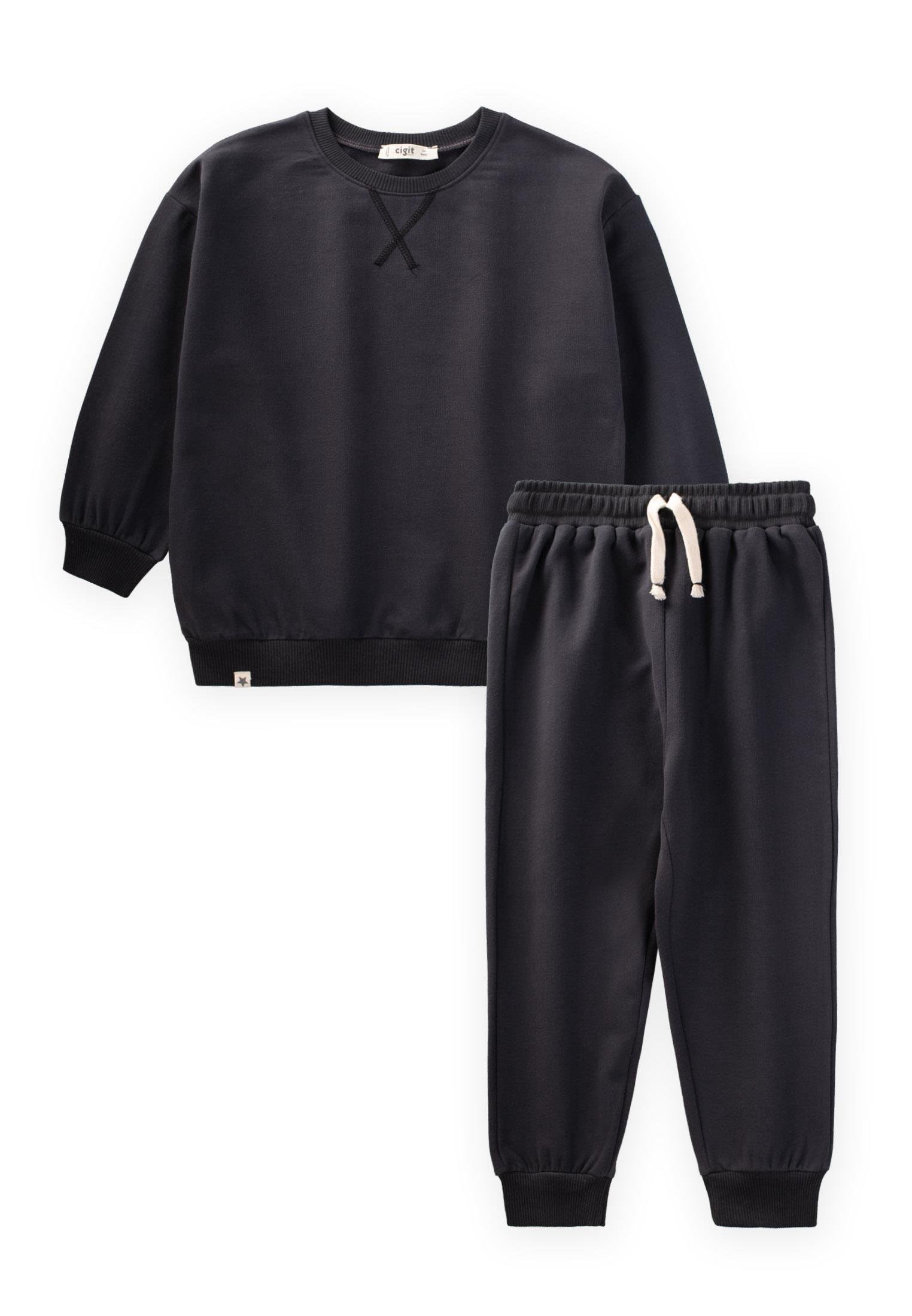 CigitBasic Karyoka Detaylı Sweatshirt Takım 3-8 Yaş Siyah