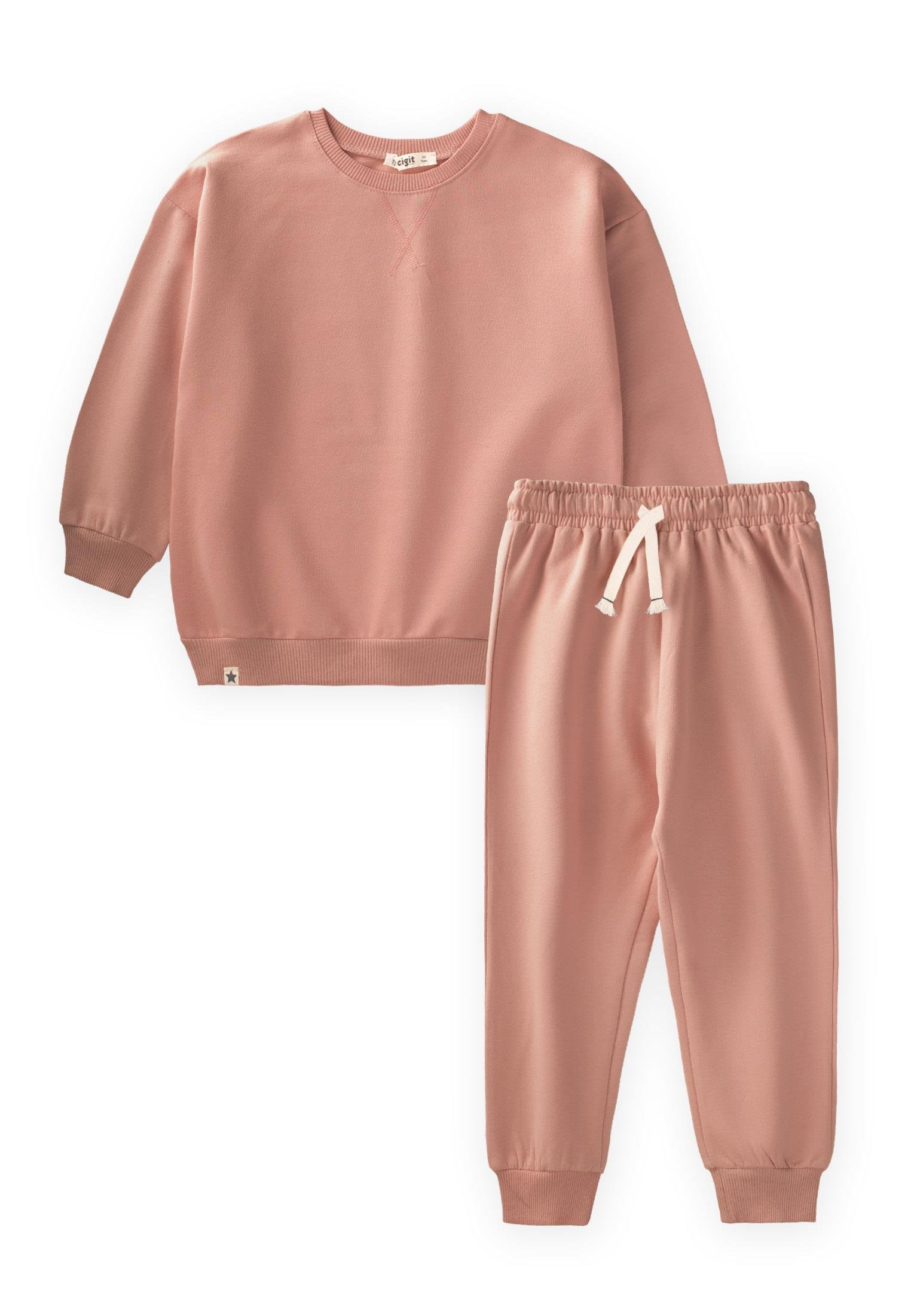 CigitBasic Karyoka Detaylı Sweatshirt Takım 3-8 Yaş Gül Kurusu