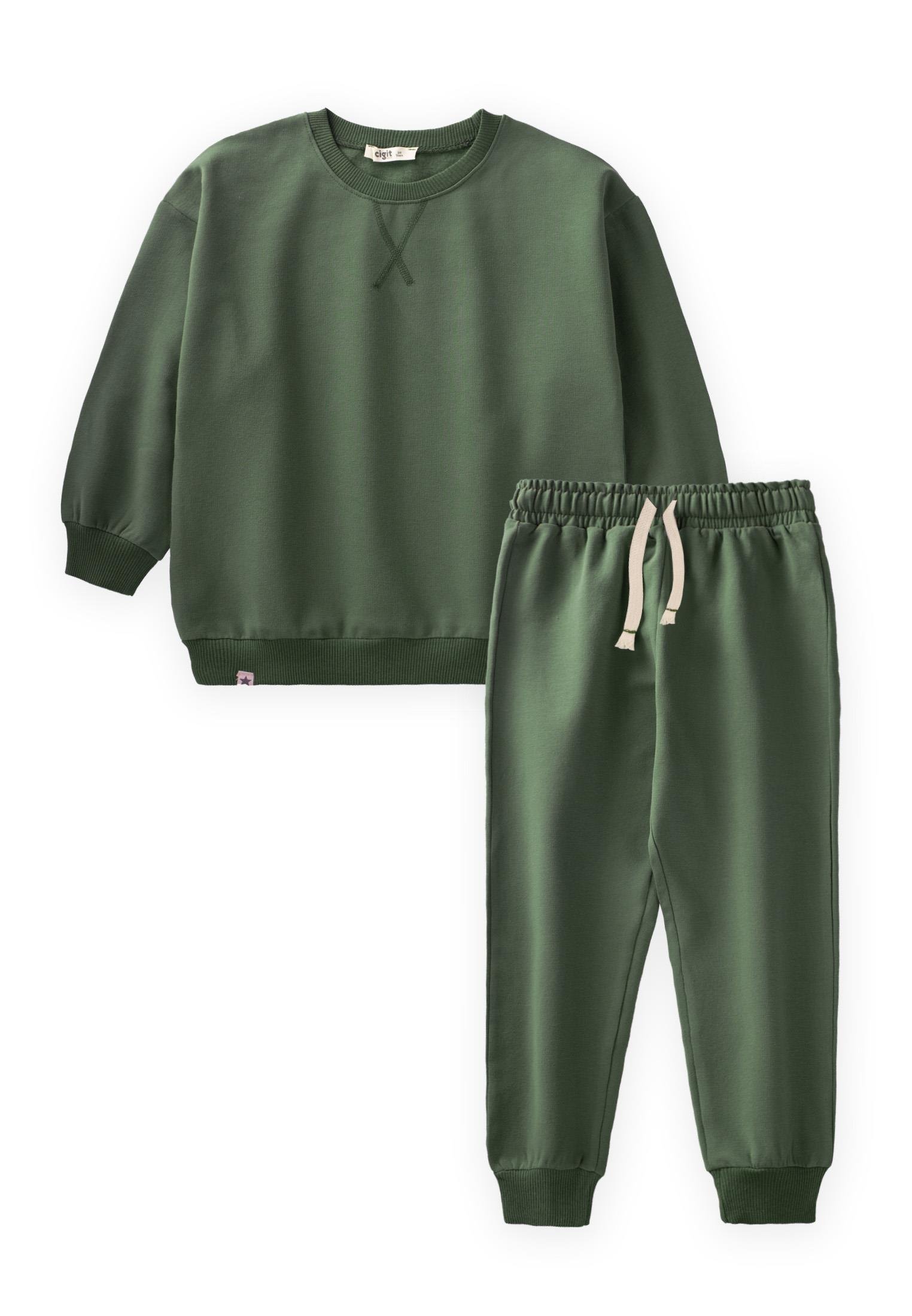 CigitBasıc Karyoka Detaylı Sweatshırt Takım 3-8 Yaş HAKİ YEŞİL 