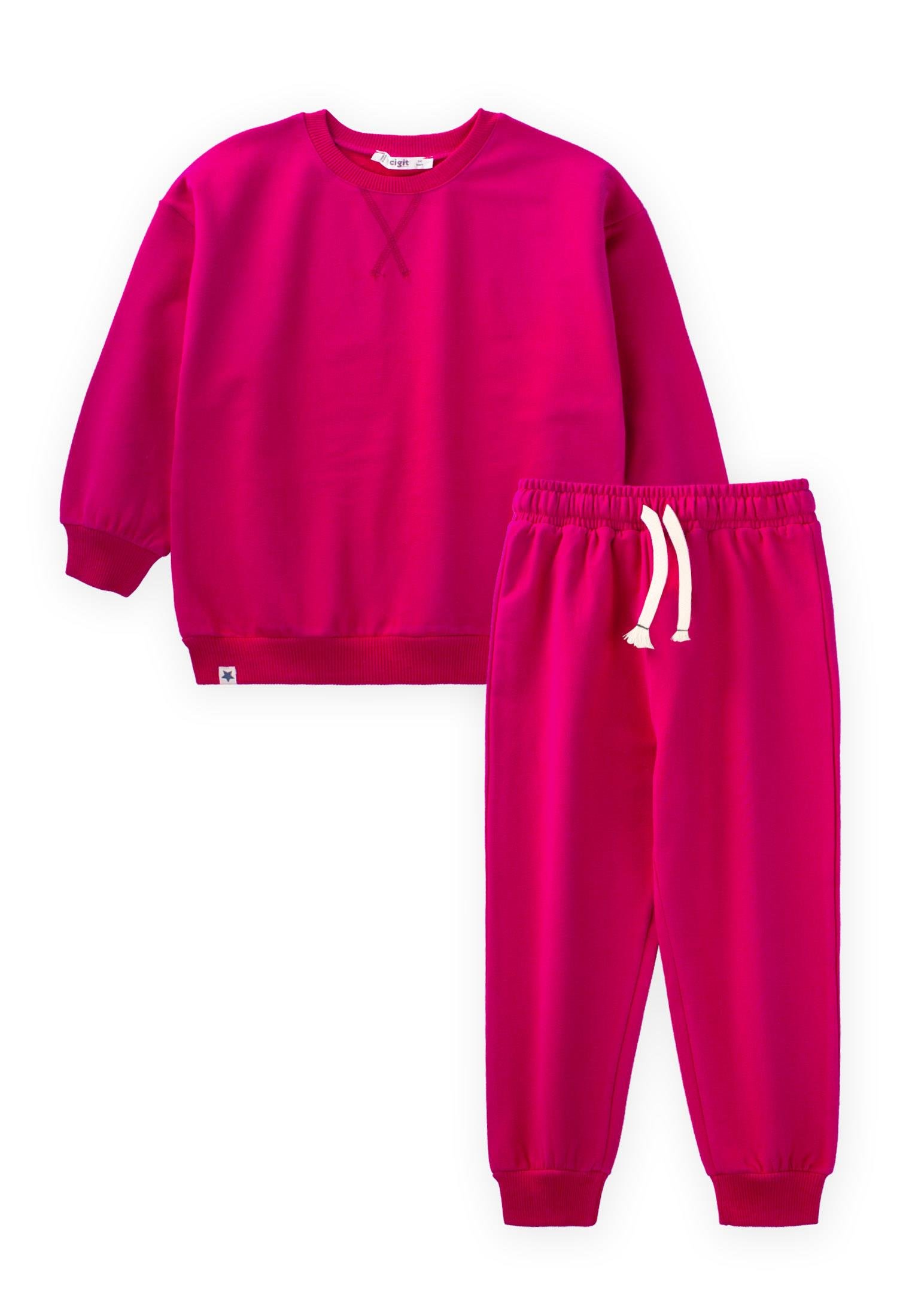 CigitBasic Karyoka Detaylı Sweatshirt Takım 3-8 Yaş Fuşya