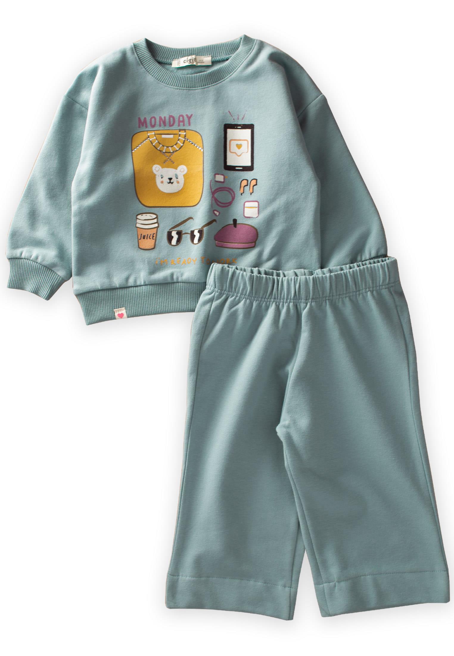 CigitBaskılı Geniş Paca Sweatshirt Takım 1-6 Yaş Mint Yeşil