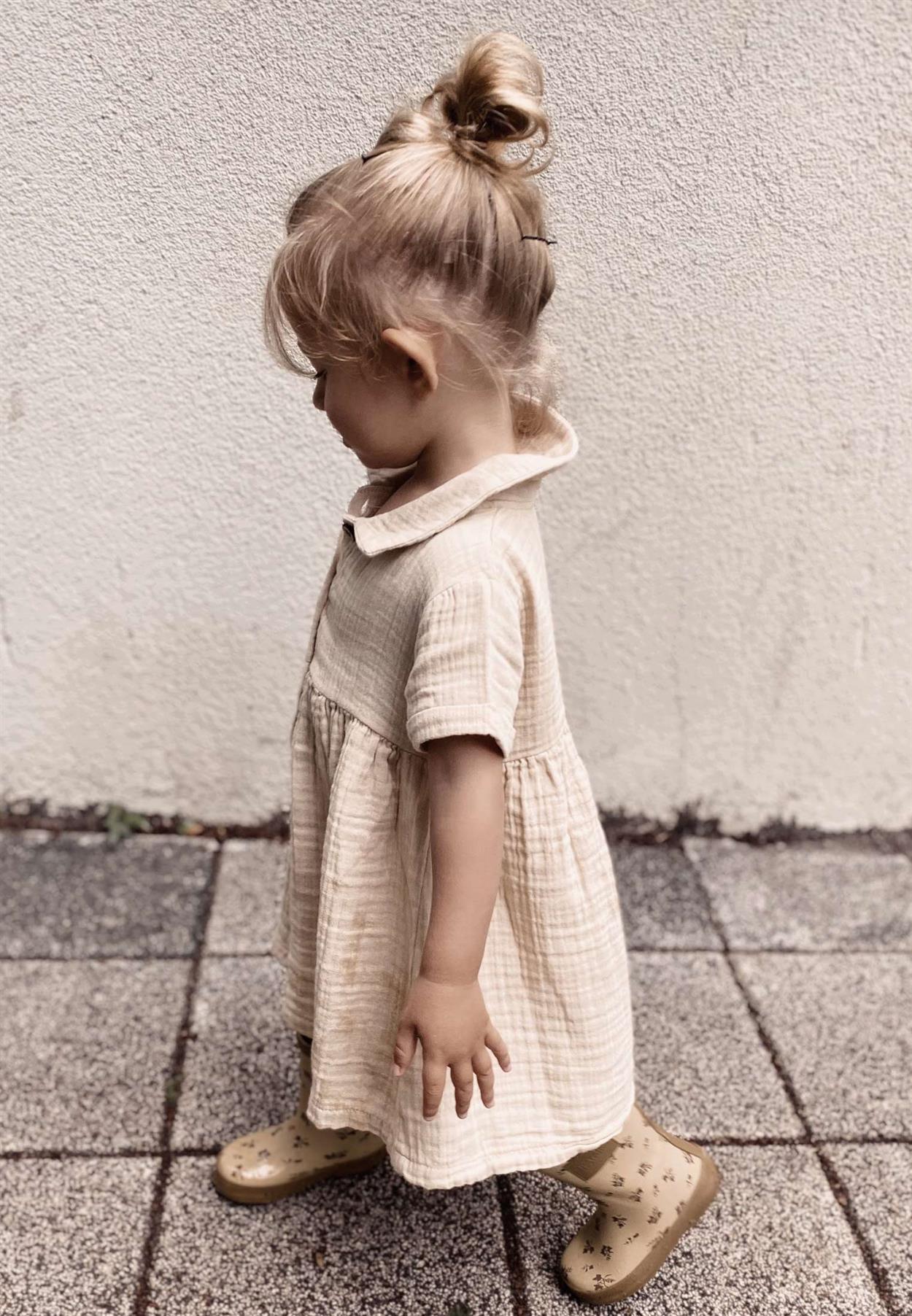 CigitBebe Yakalı Robası Büzgülü Müslin Elbise 1-7 Yaş Krem