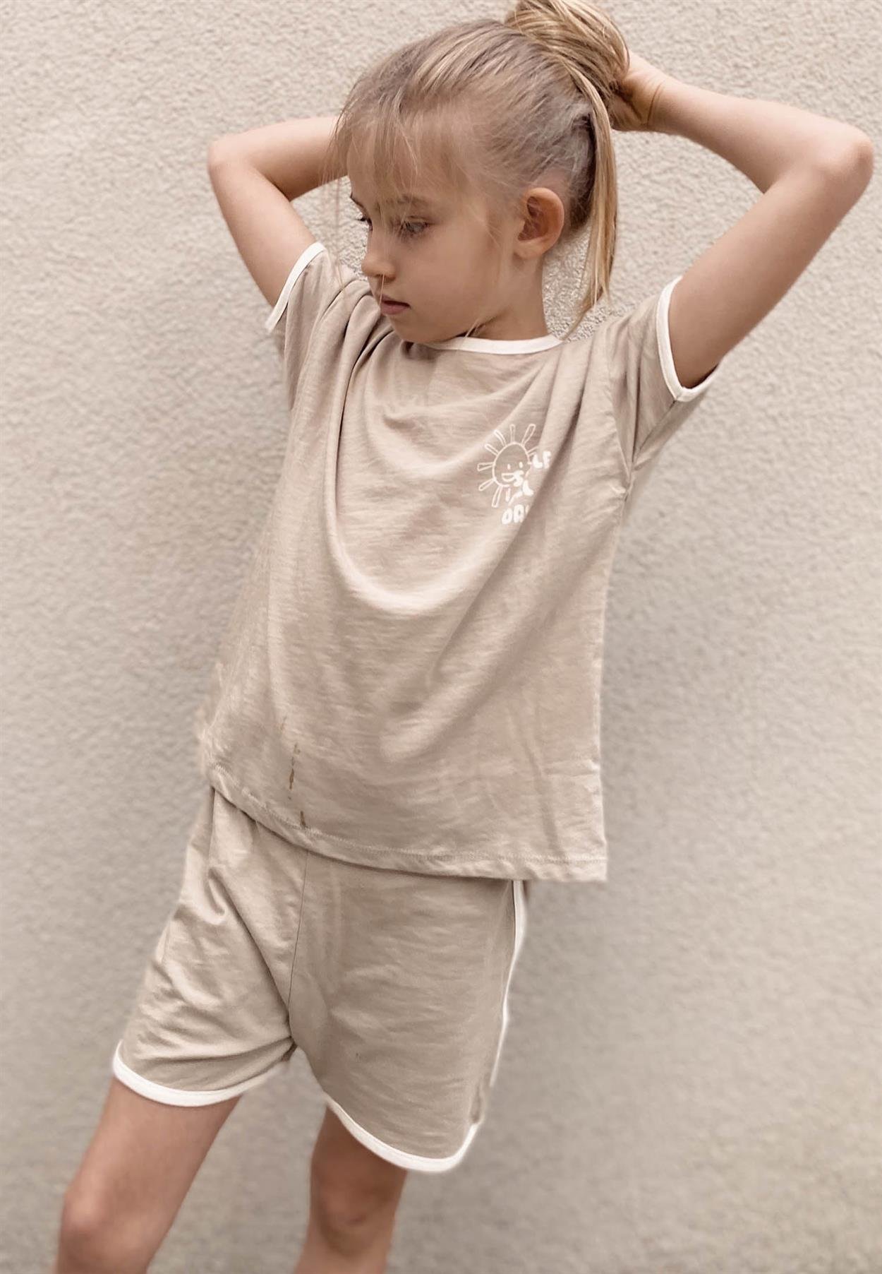 CigitBiye Garnili Oversize Şortlu Takım 1-7 Yaş Vizon