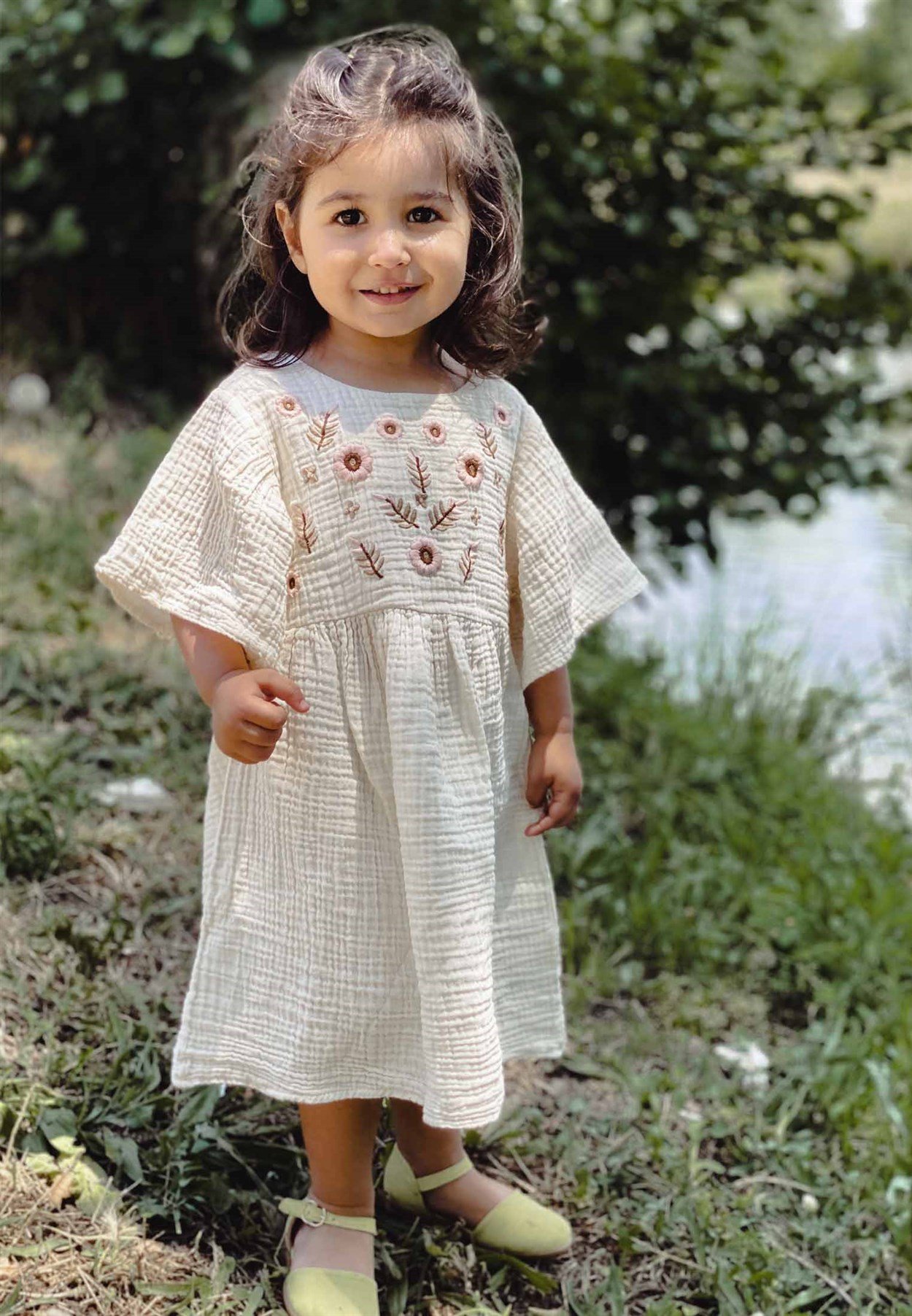 62478 - 5078CigitFlower Embroidered Butterfly Sleeve Dress 2-8 Ages Cream