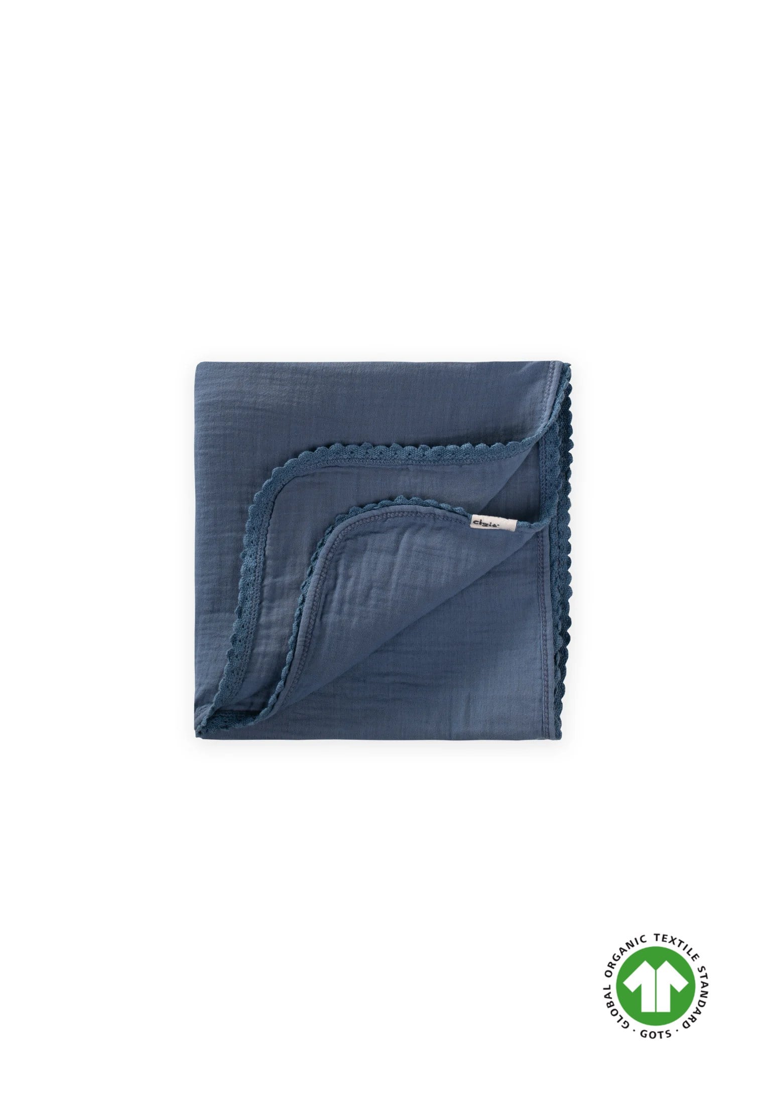 CigitÇiftkat Ponpon Şeritli Organik Müslin Bebek Battaniyesi100X100 cm +/- 3 cm İndigo Mavi