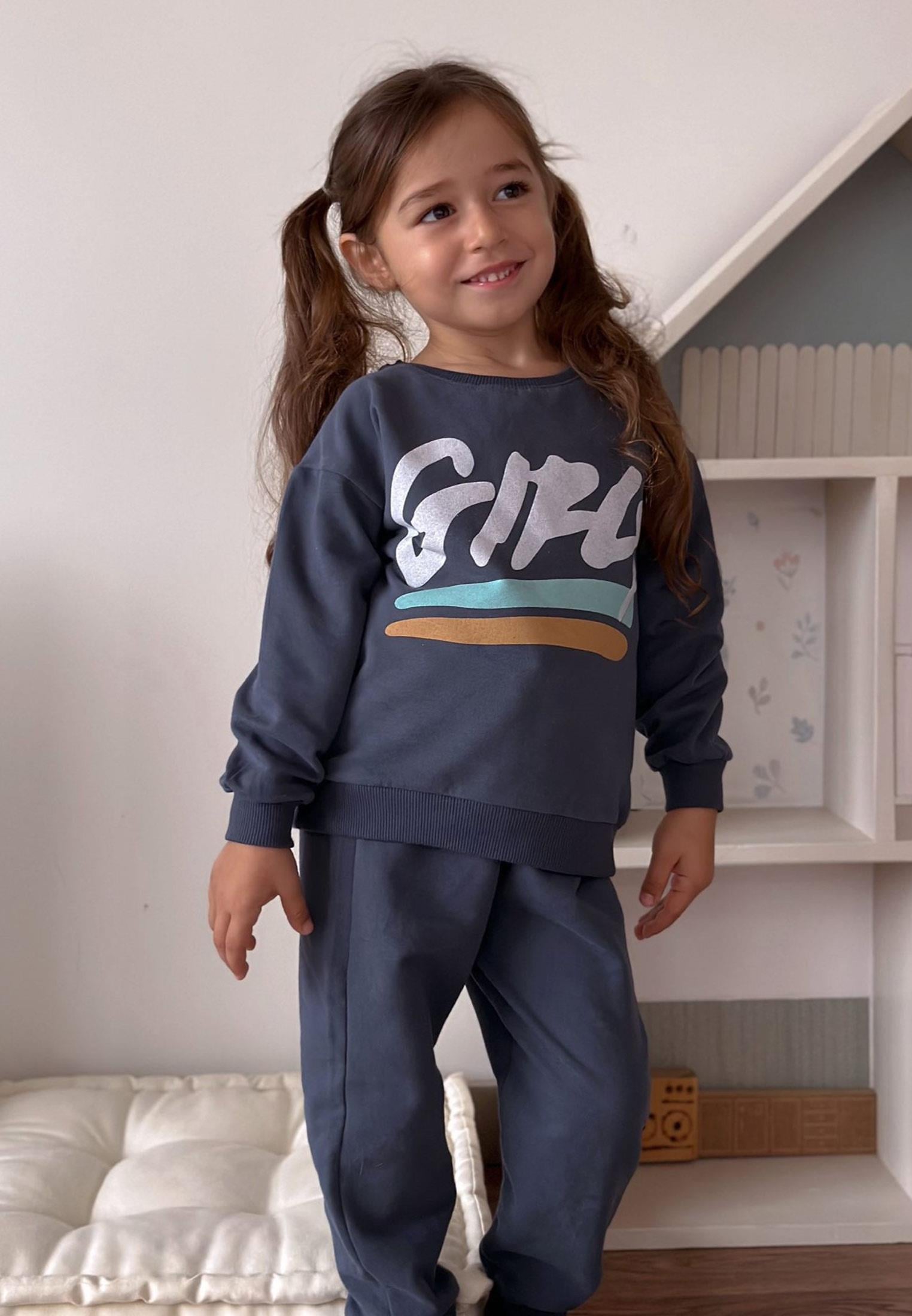 CigitGırls Baskılı Sweatshirt Takım 2-10 Yaş Lacivert