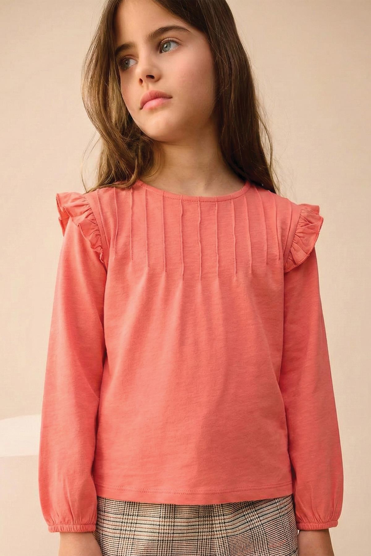 CigitNervür Detaylı T-Shırt 3-10 Yaş Mercan