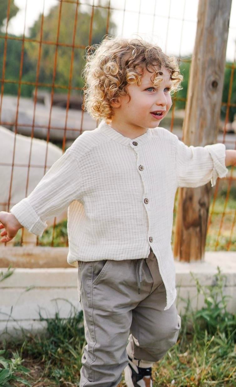 CigitOrganic Hakim Yaka Müslin Gömlek 2-10 Yaş Bej Çizgili