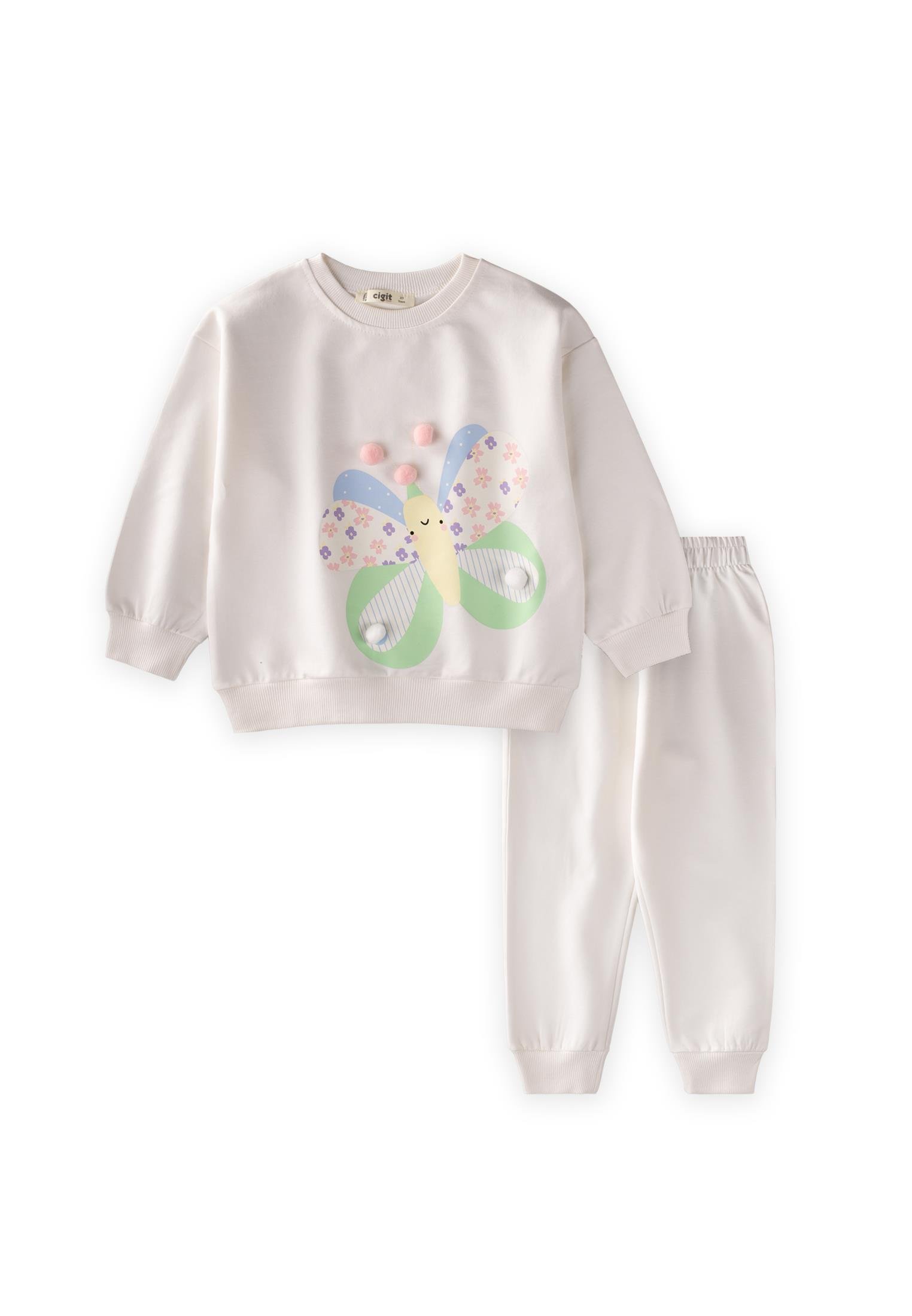 CigitRenkli Kelebek Baskılı Takım 2-7 Yaş EKRU