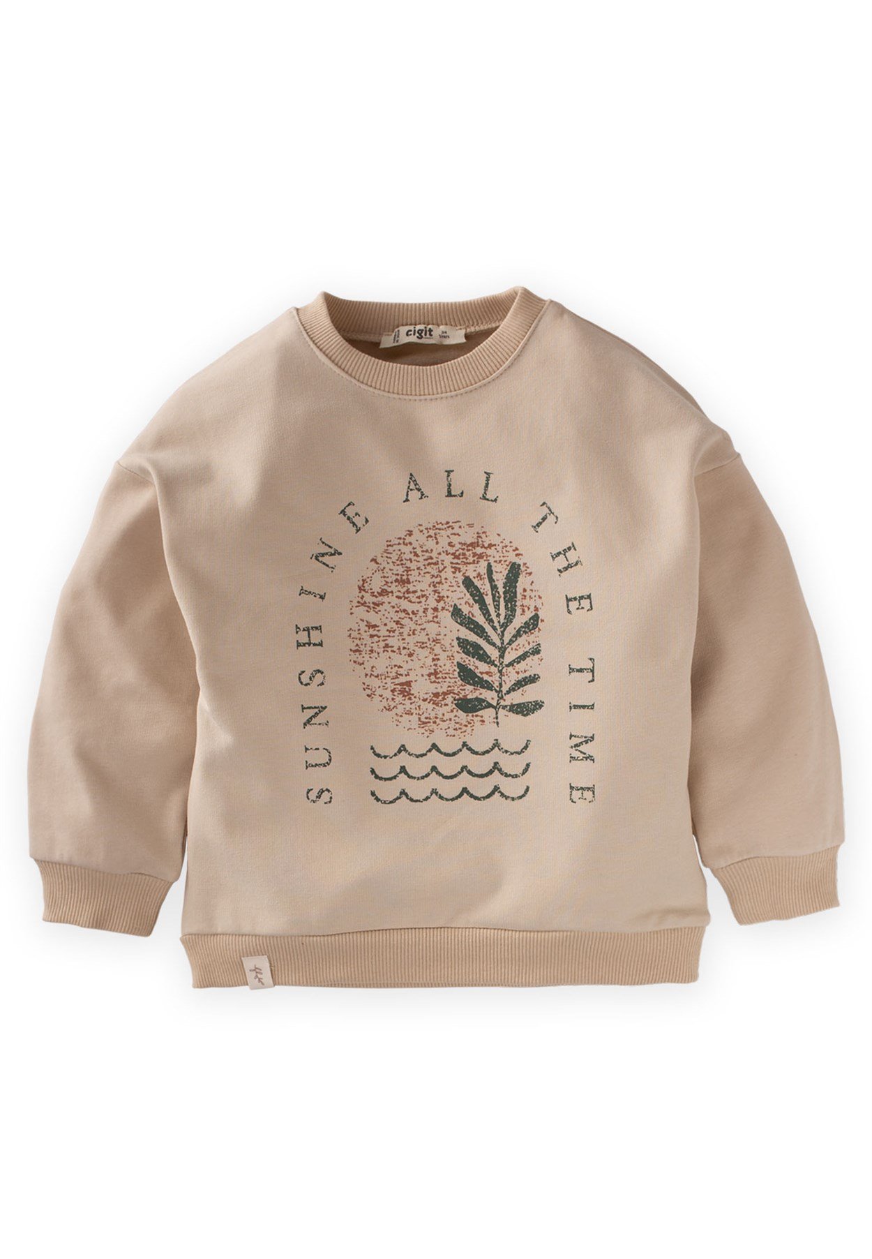CigitSoyut Yaprak Baskılı Sweatshirt 3-9 Yaş Kum