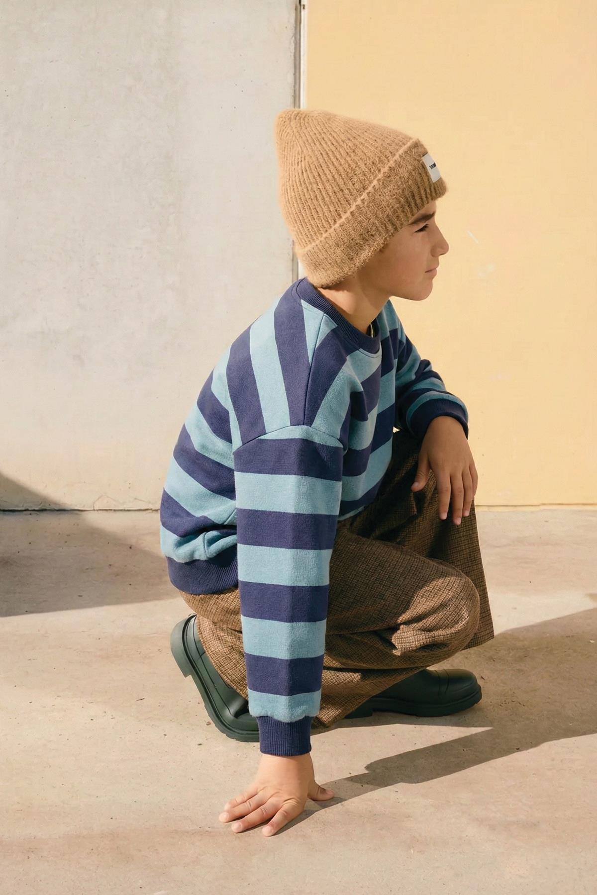 CigitÇizgili Triko Sweatshırt 2-12 Yaş Mint Lacivert