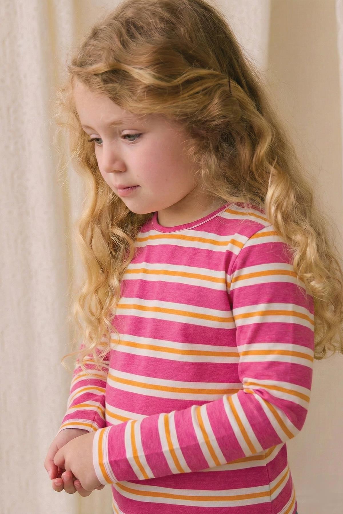 CigitÇizgili Uzun Kollu T-Shırt 2-8 Yaş FUŞYA TURUNCU ÇİZGİ