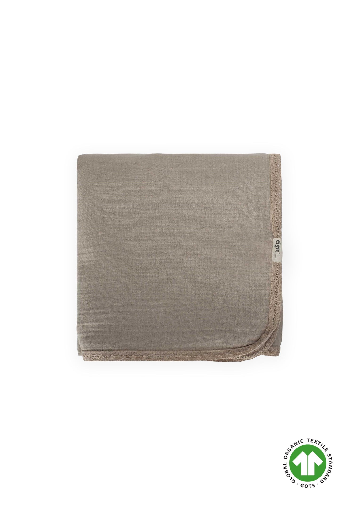 CigitDantel İşlemeli Tekkat Müslin Battaniye 100X100 cm +/- 3 cm Vizon