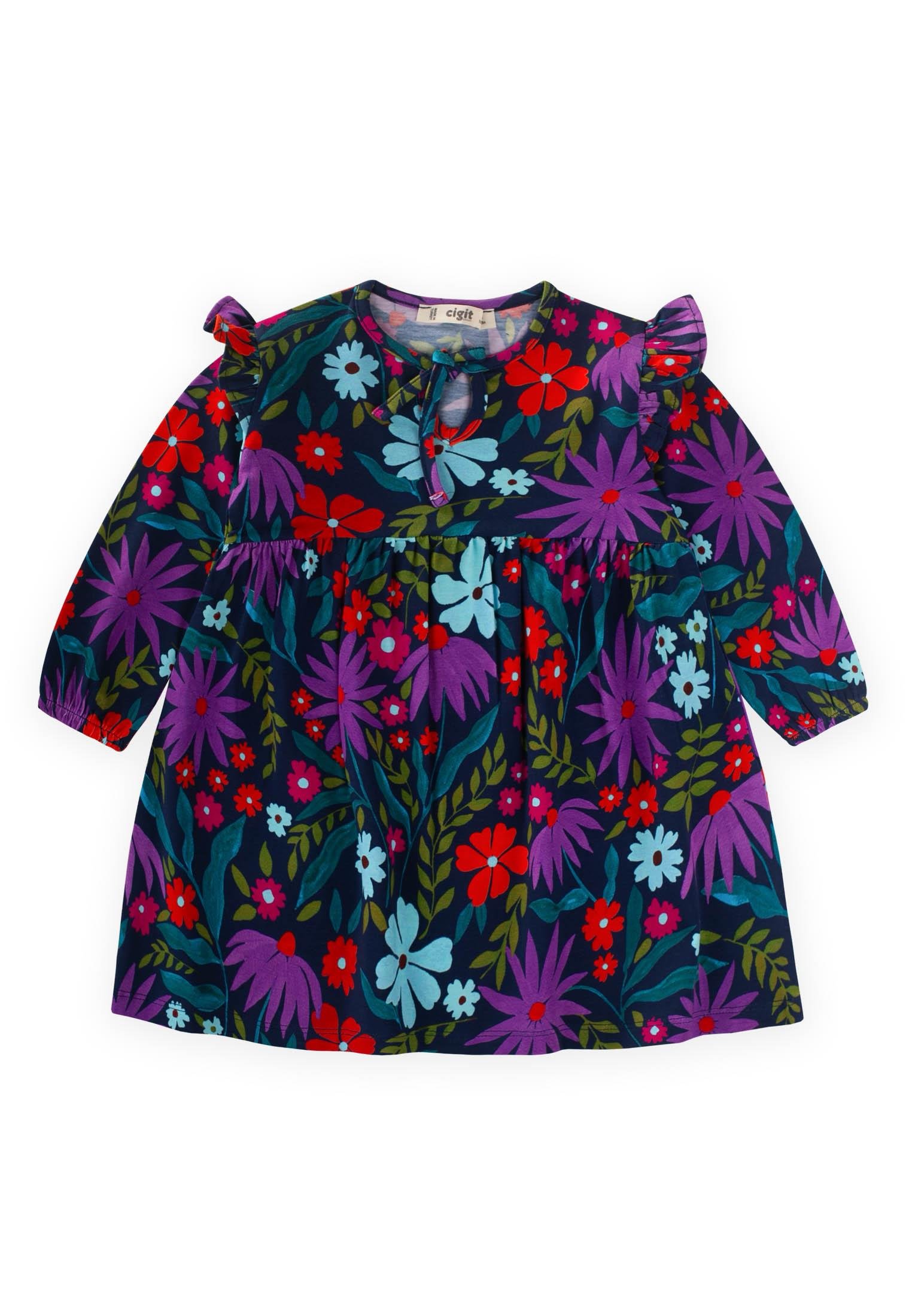 CigitDesenli Mevsimlik Elbise 1-7 Yaş Lacivert