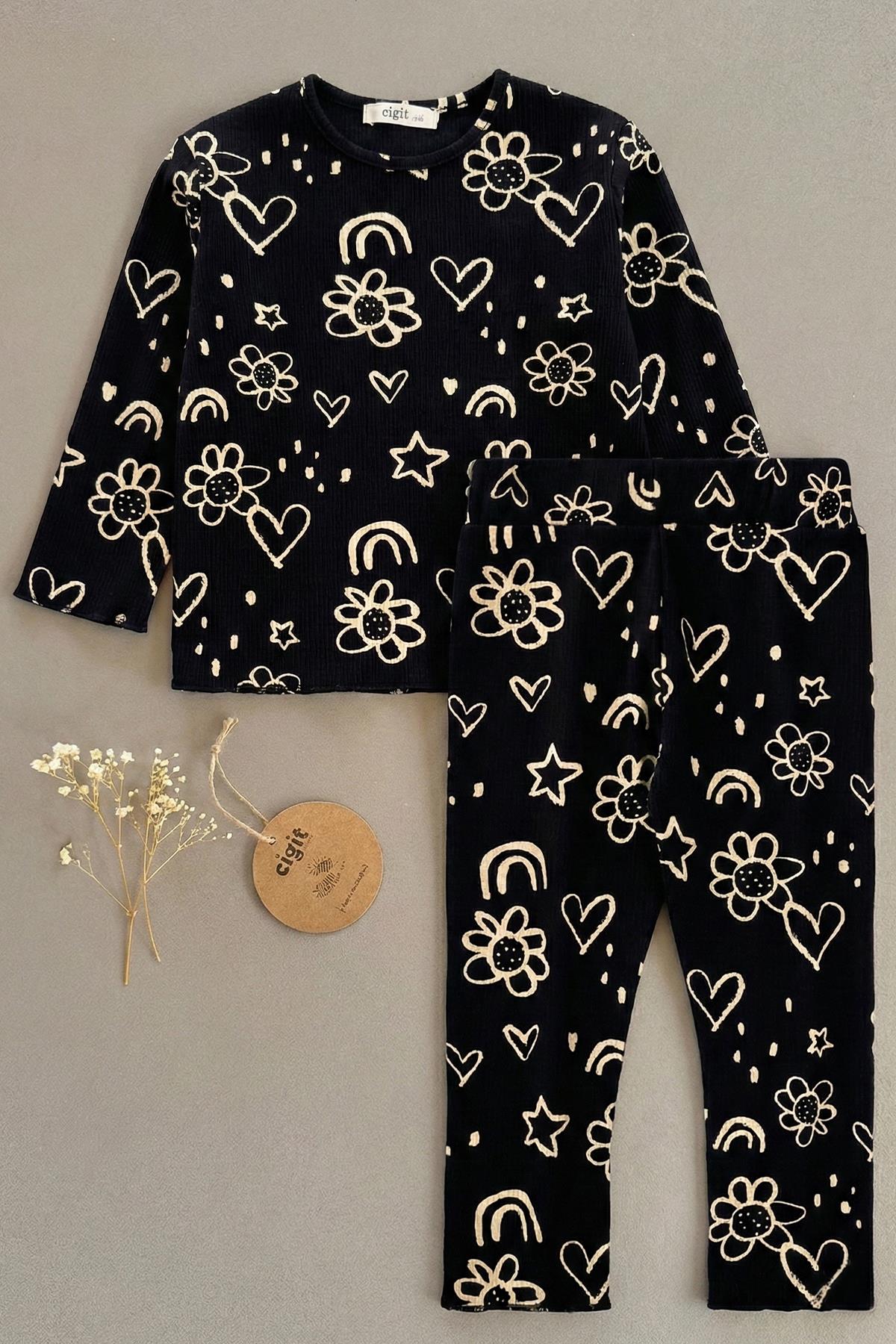 CigitDesenli Mevsimlik Fitilli Kız Takım 1-8 Yaş Siyah