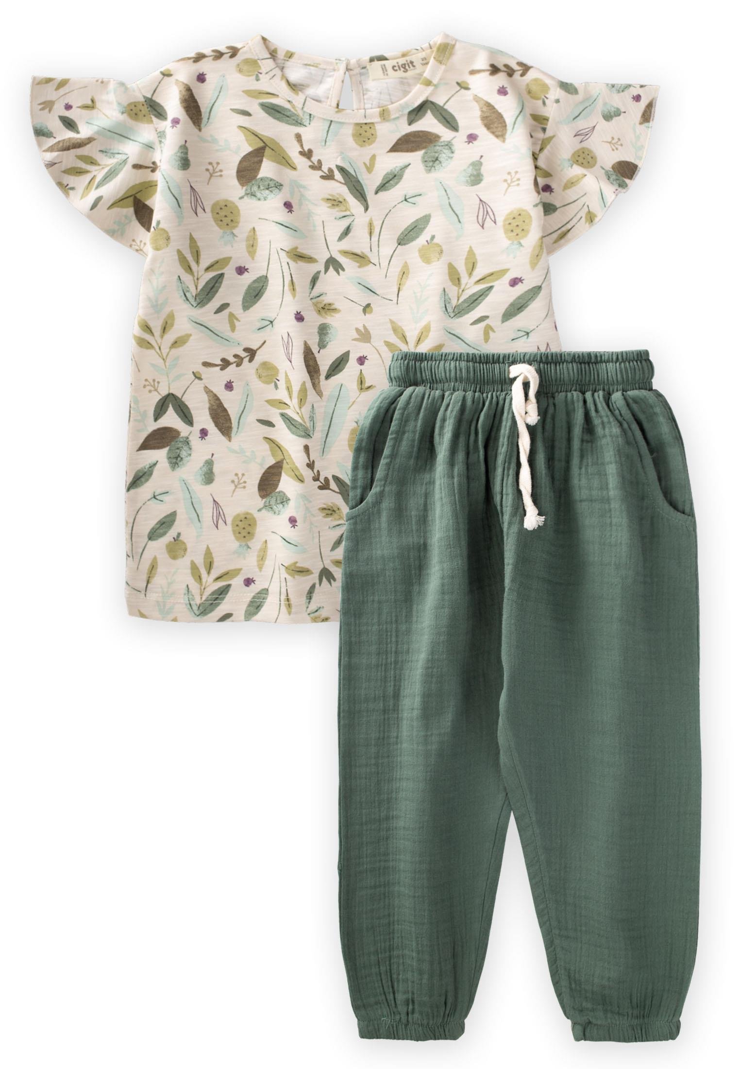 CigitDesenli Organic Müslin Şalvarlı Takım 2-8 Yaş Ekru - Haki