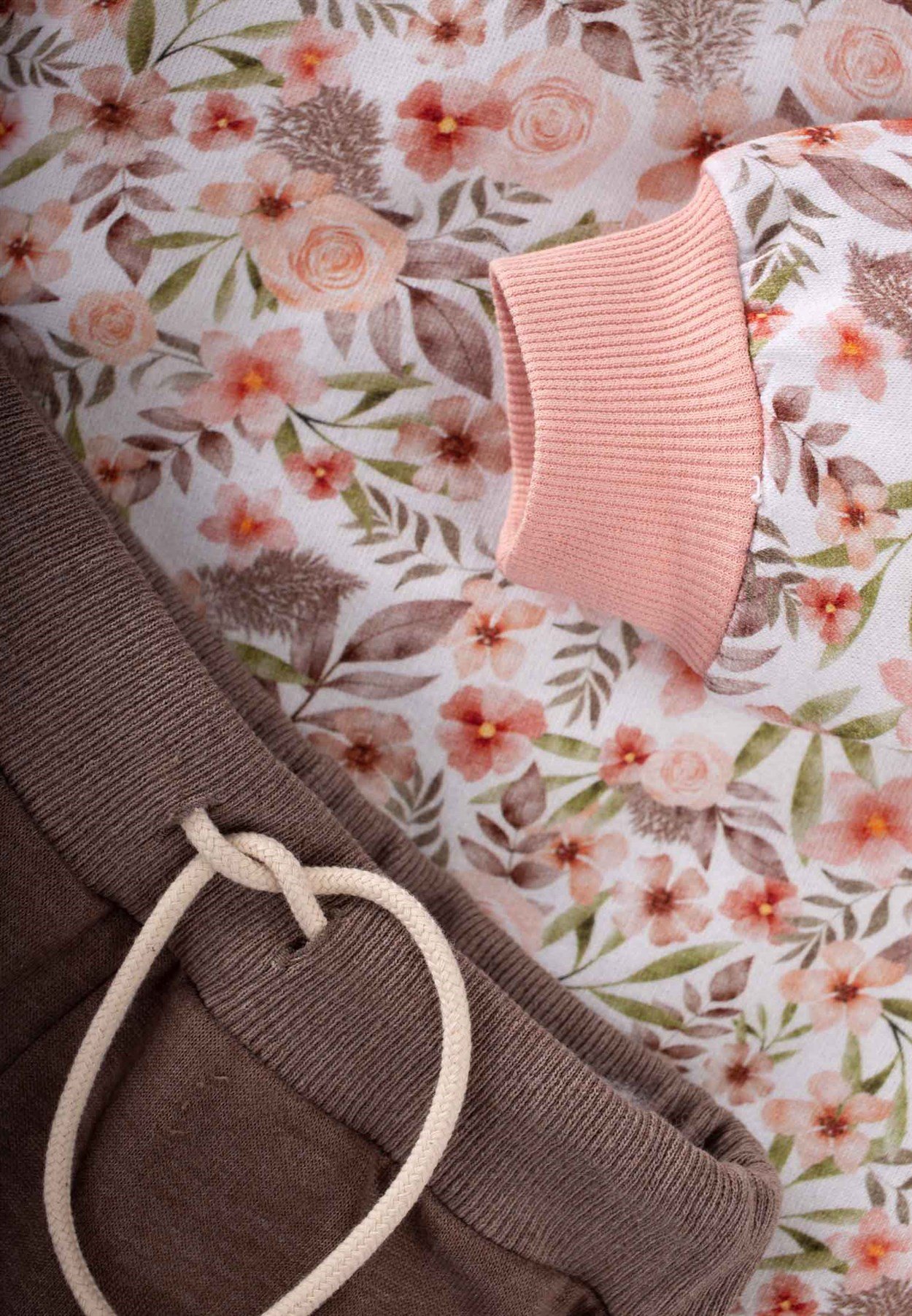 CigitDesenli Sweatshirt Takım 2-8 Yaş Ekru/Kahve