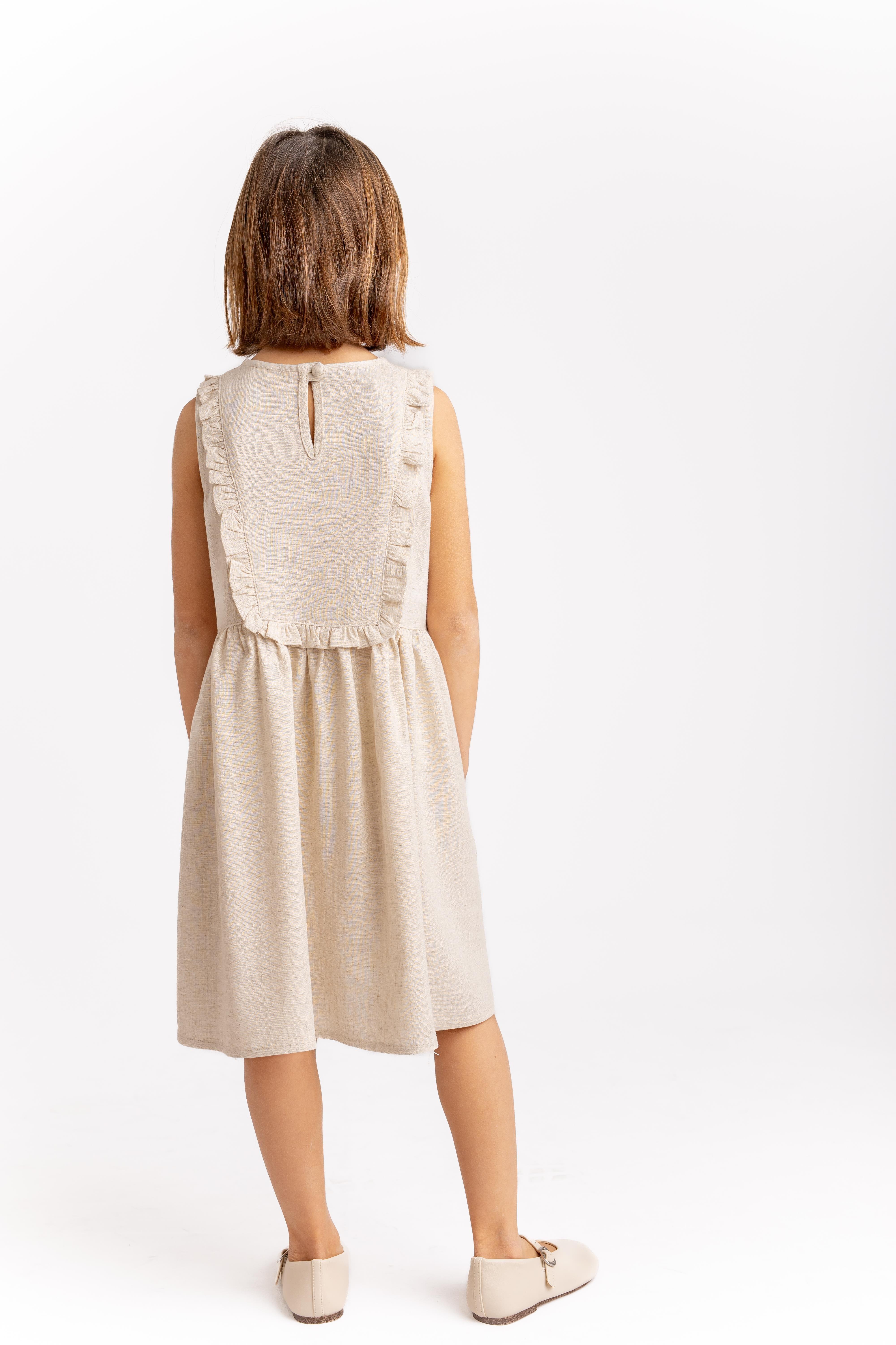 CigitDikdörtgen Robası Nakışlı Keten Elbise 2-7 Yaş Naturel