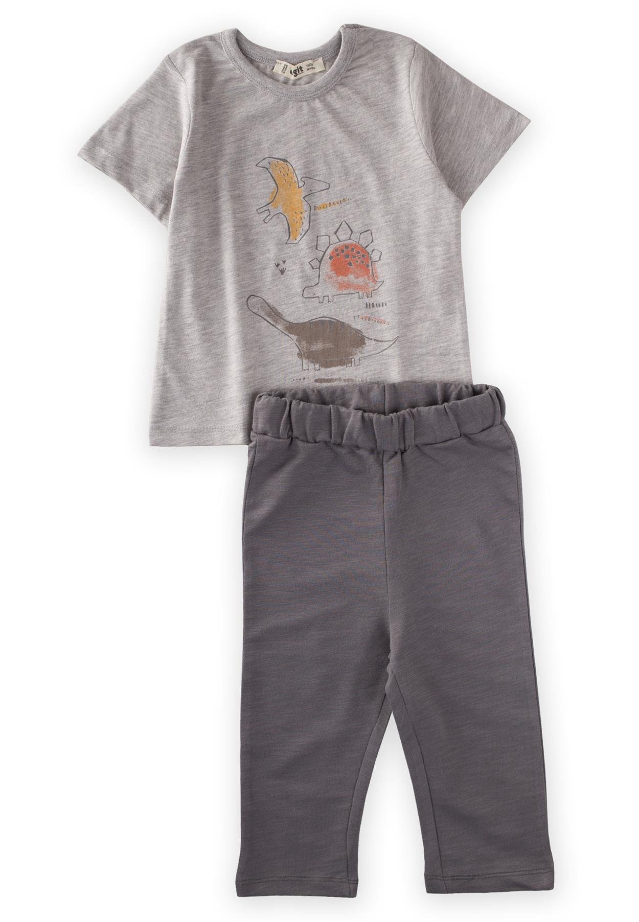 CigitDinazor Baskılı Pijama Takım 2-7 Yaş Gri Melanj