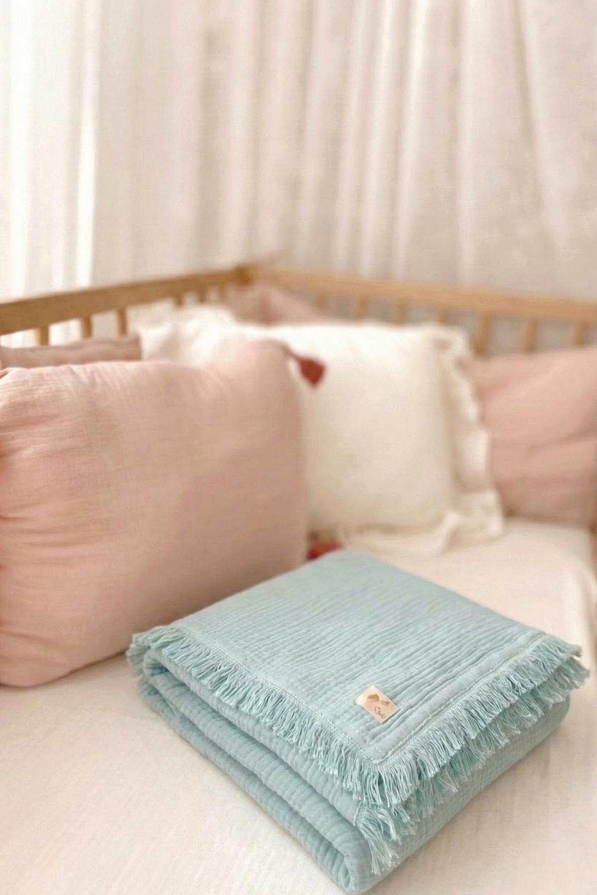 CigitDört Kat K. Püsküllü Battaniye 80X120 Cm MİNT YEŞİLİ