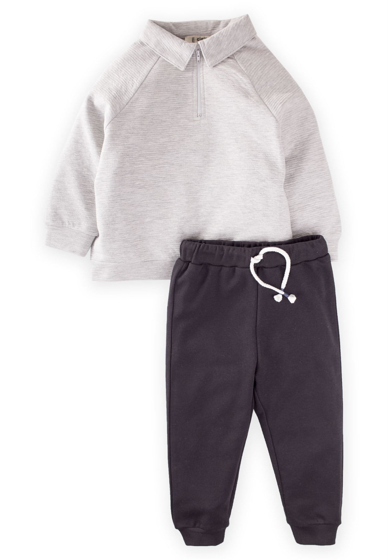 CigitFermuar Yakalı Oversize Sweatshirt Takım 3-9 Yaş Gri