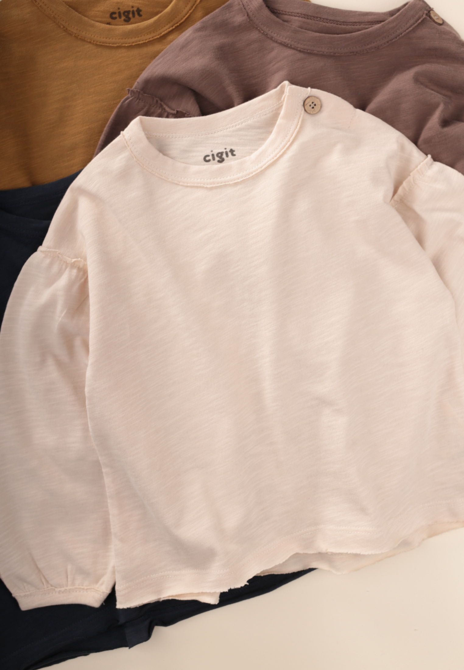 CigitFırçalı Rustik Uzun Kollu T-Shırt 1-7 Yaş EKRU