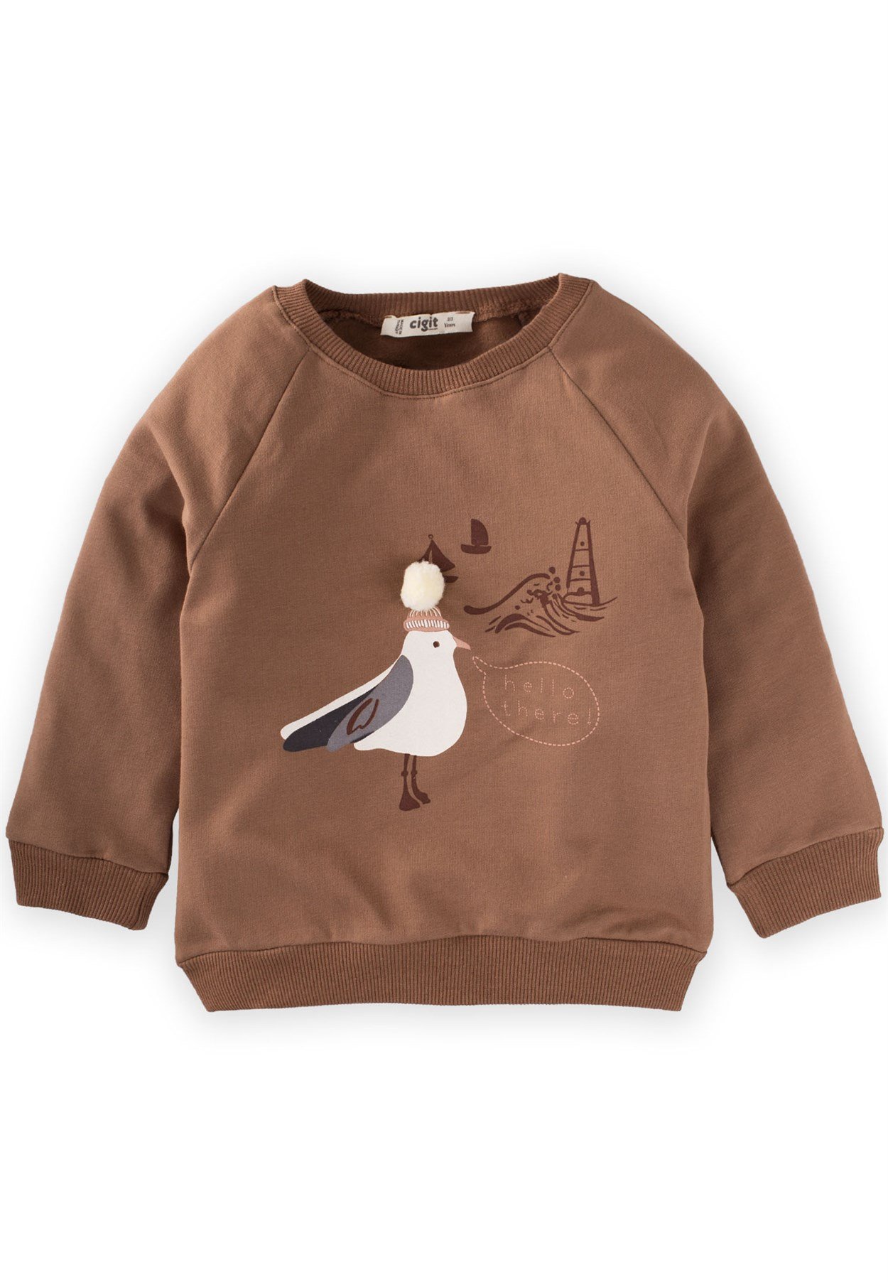 CigitKuş Baskılı Sweatshirt 2-8 Yaş Koyu Kahve