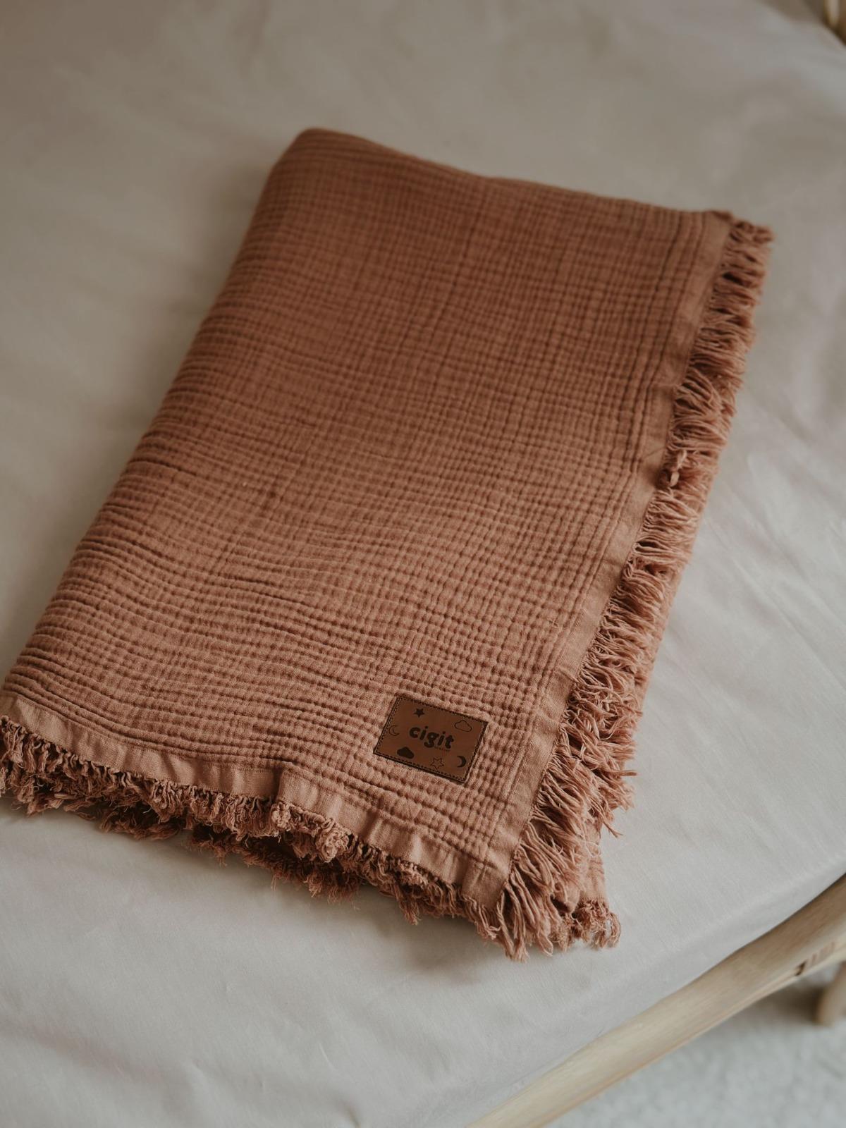 CigitFlora Model Dört Kat Saçaklı Battaniye 100X140 Cm A.KAHVE