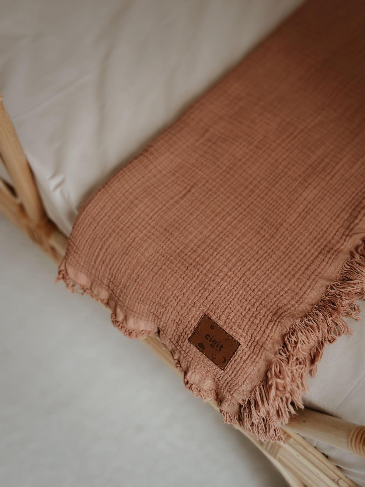 CigitFlora Model Dört Kat Saçaklı Battaniye 100X140 Cm A.KAHVE