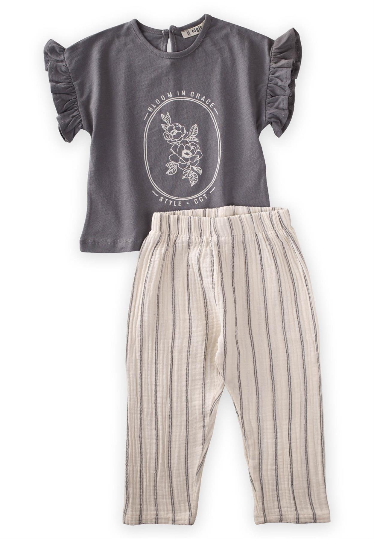 CigitGül Baskılı Müslin Pantolonlu Takım 1-7 Yaş Gri