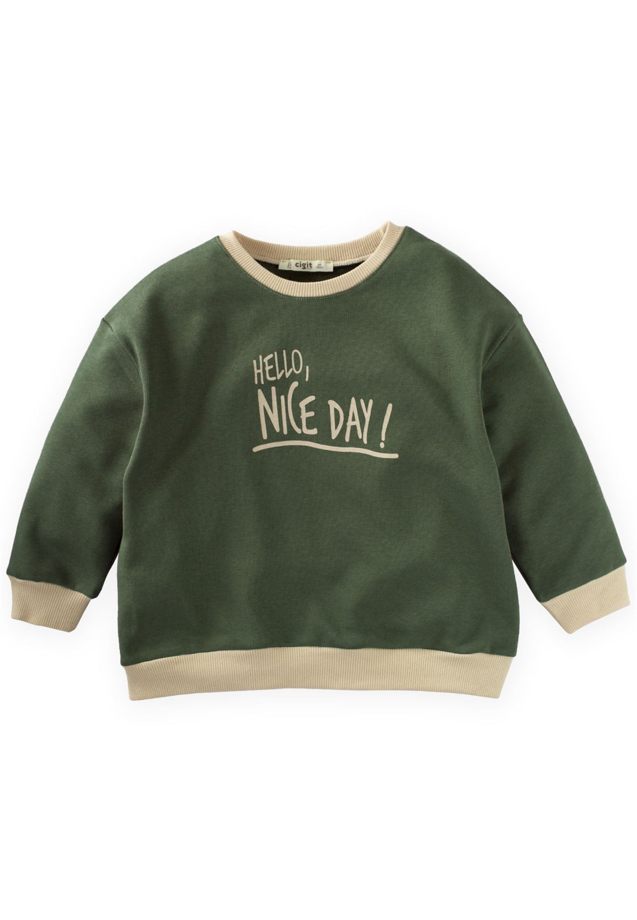 81051 - 5026Hello Nıce Day Baskılı Oversize Sweatshirt 2-7 Yaş Haki Yeşil - Yeni SezonCigitHello Nıce Day Baskılı Oversize Sweatshirt 2-7 Yaş Haki Yeşil