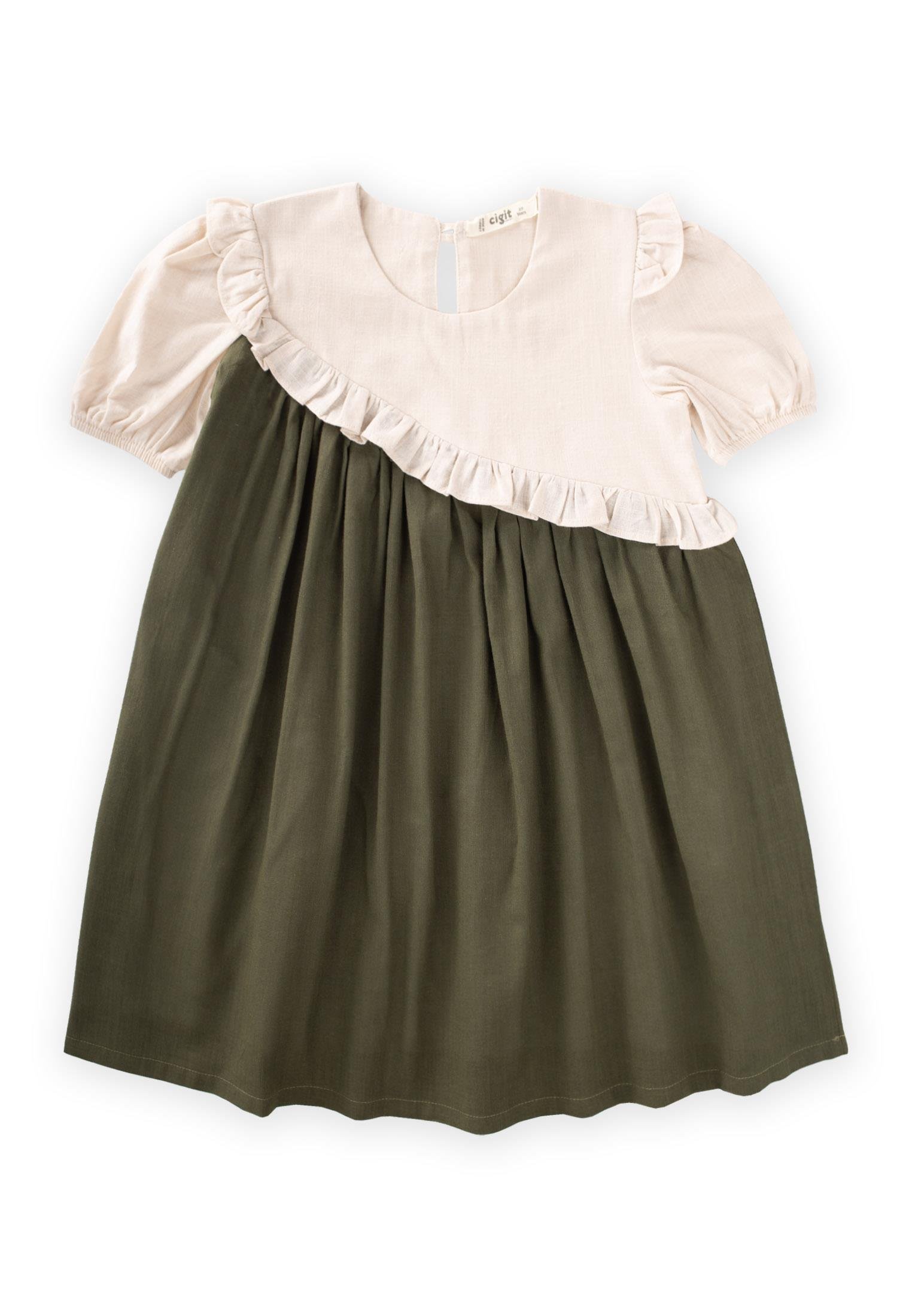 Cigitİki Renkli Asimetrik Elbise 2-7 Yaş EKRU