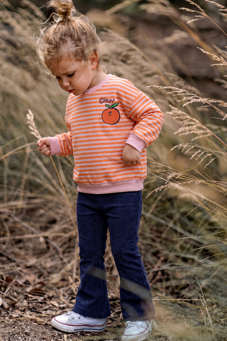 CigitKadife Taytlı Triko Sweatshirt Takım 1-6 Yaş Turuncu Çizgili