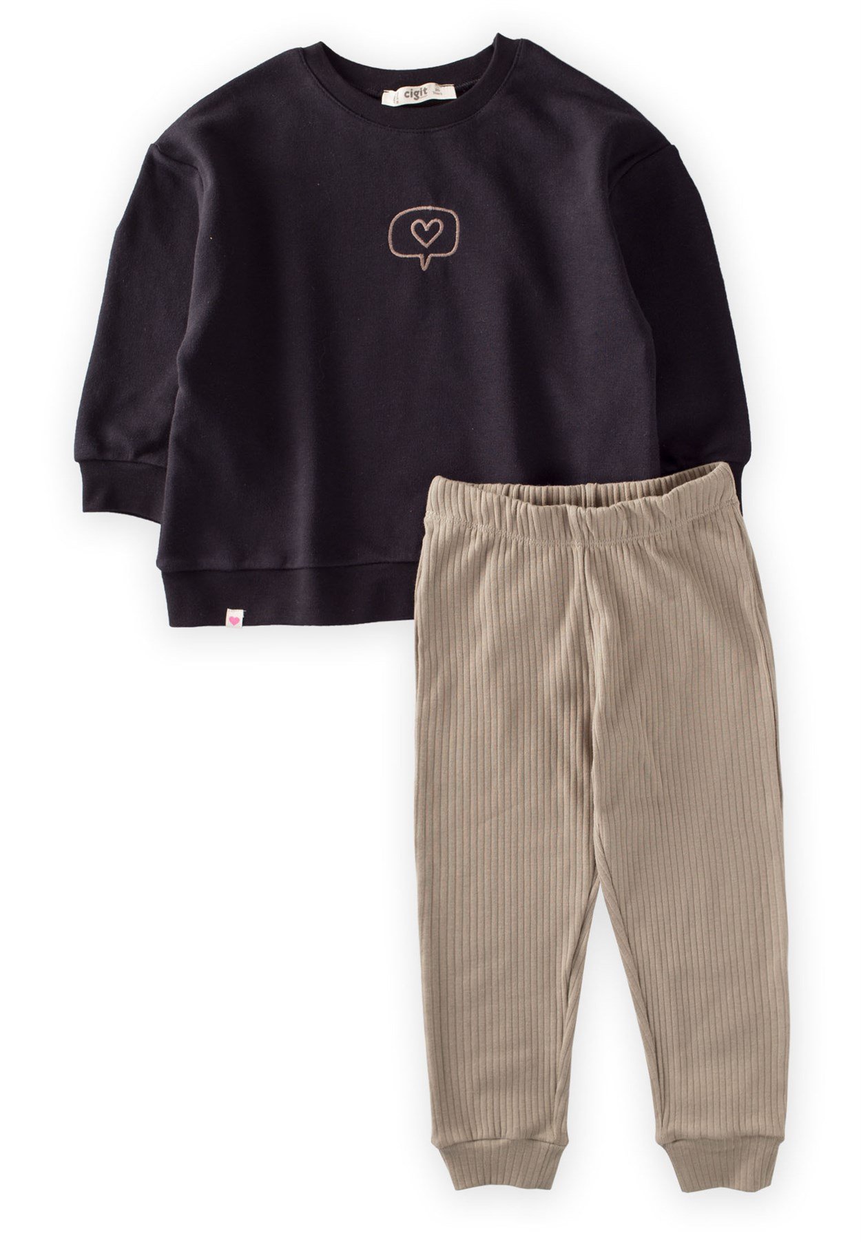 70929 - 5037CigitHeart Embroidered Wide Cut Seasonal Sweatshirt Suit 2-8 Years Black