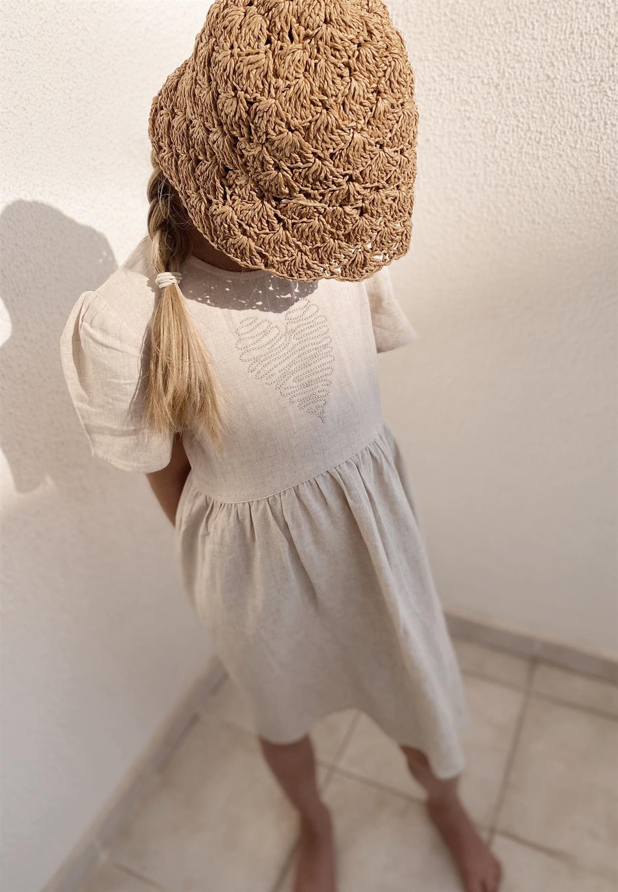 CigitKalp Taşlı Keten Elbise 2-7 Yaş Naturel