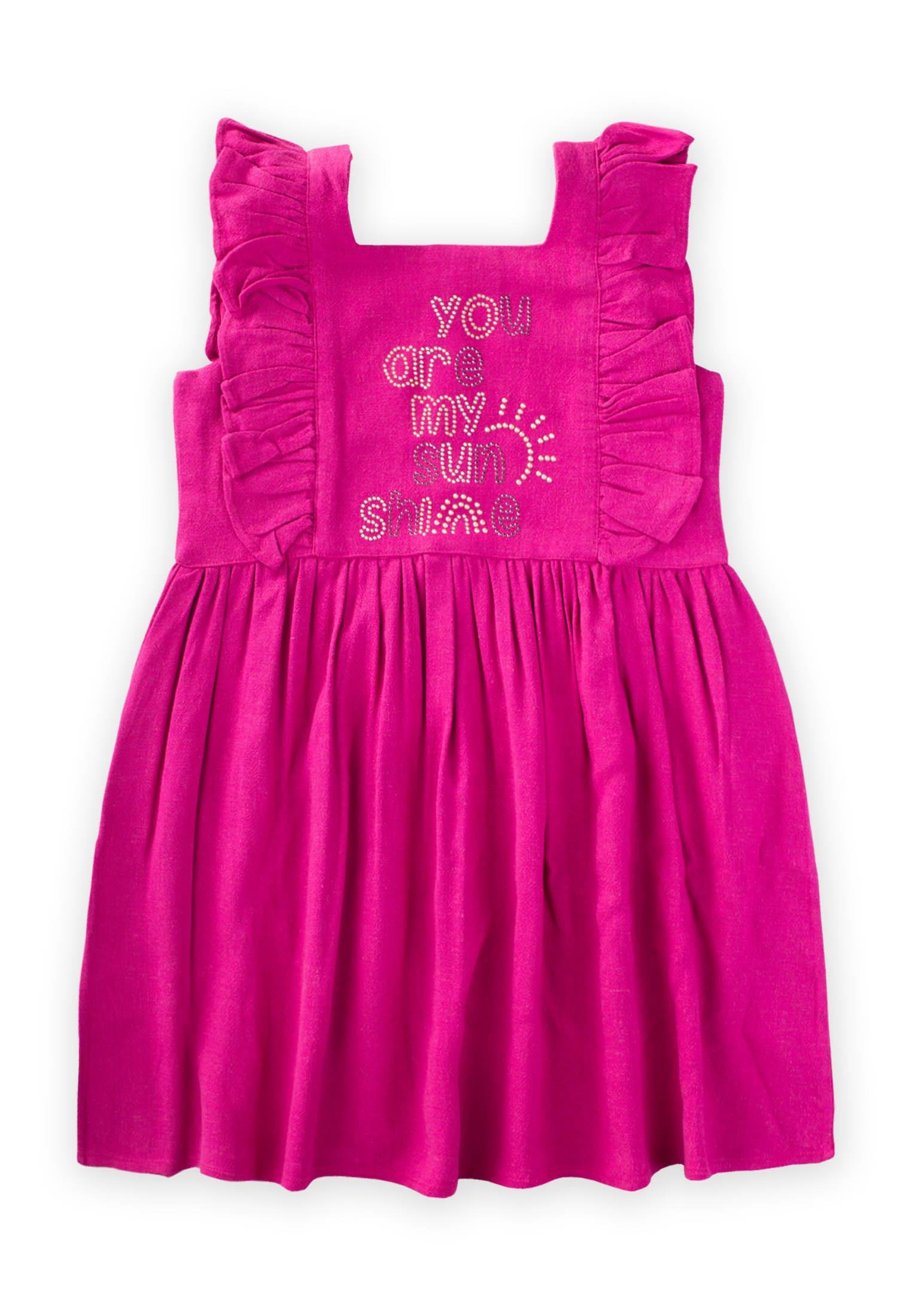 CigitKare Yaka Yazı Taşlı Elbise 2-7 Yaş FUŞYA
