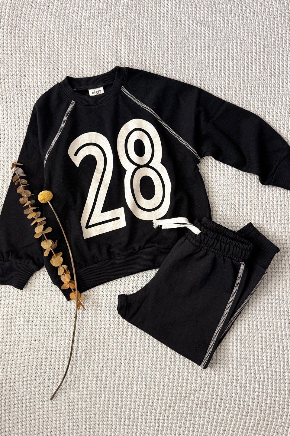CigitKaryoka Detaylı Baskılı İnce Mevsimlik Sweatshirt Takım 2-10 Yaş Siyah