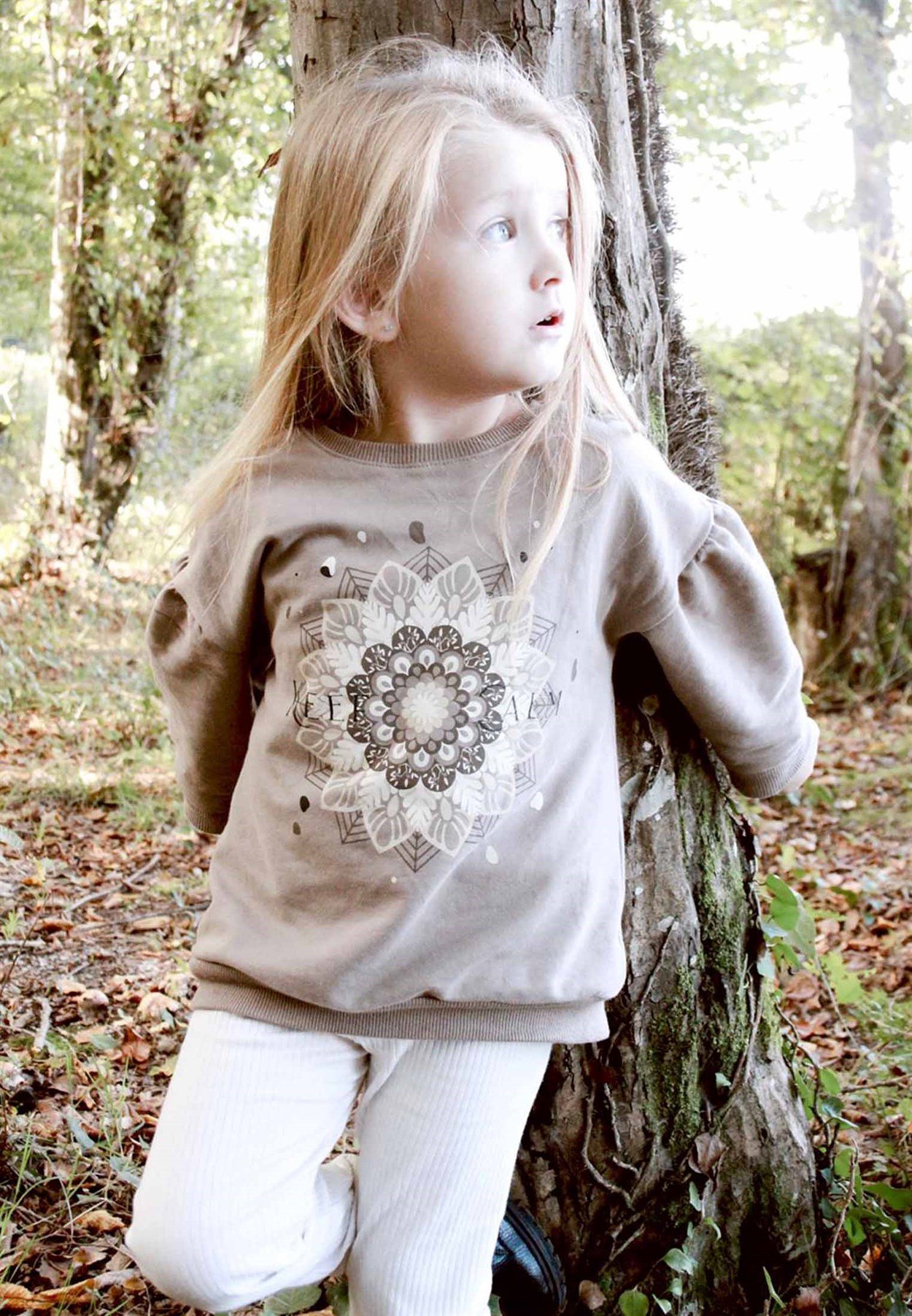 CigitKeep Calm Etnik Desen Baskılı Sweatshirt 3-9 Yaş Vizon