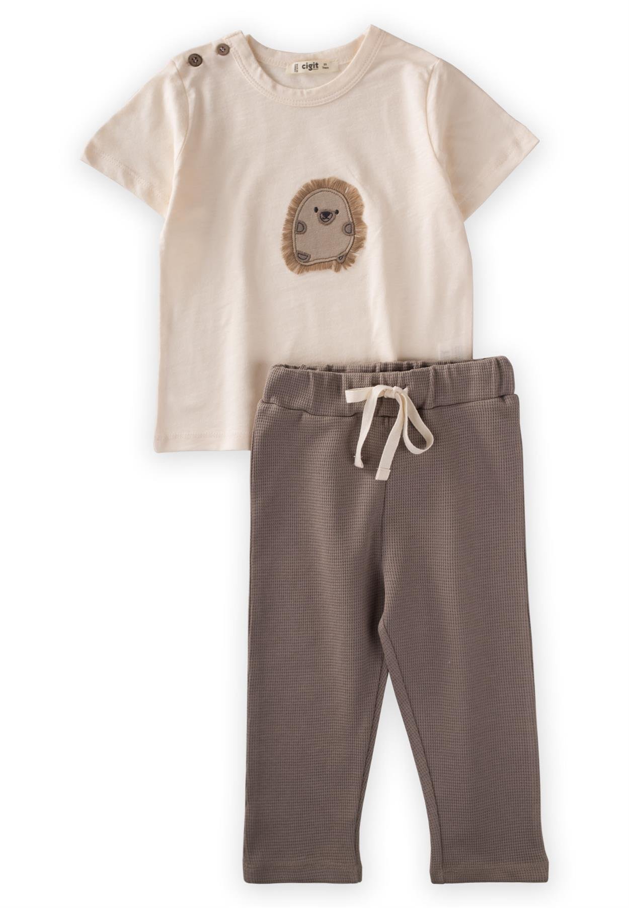 CigitKirpi Aplikeli Waffle Örme Pantolonlu Takım 1-5 Yaş Kum