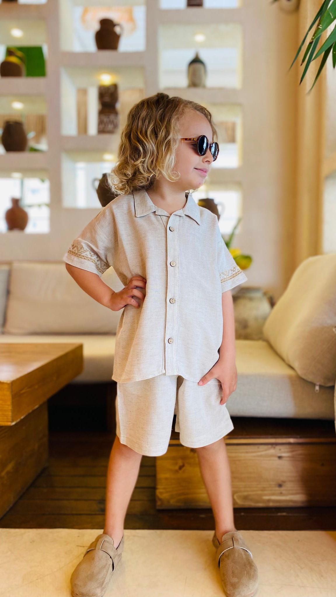 CigitEmbroidered Sleeves Shirt Shorts Linen Set 2-7 Years NATUREL