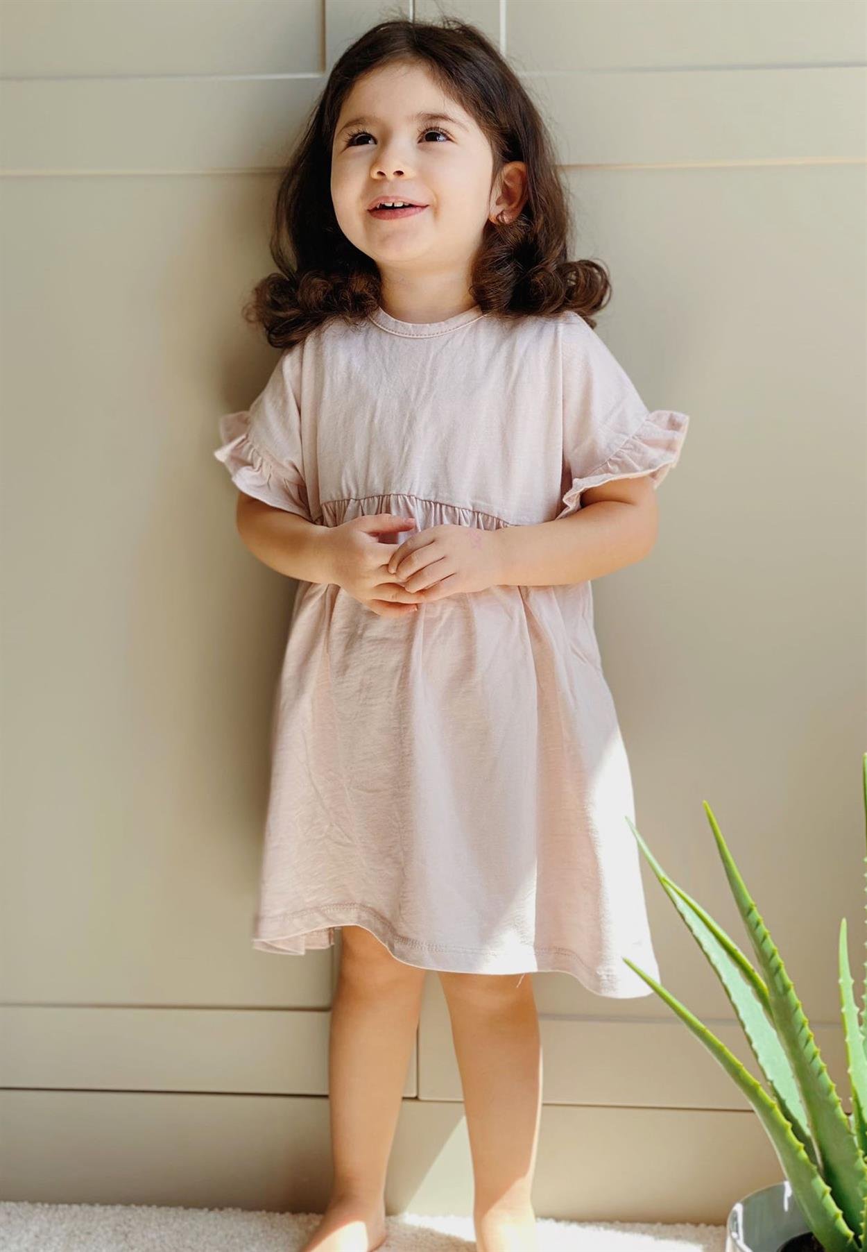 CigitKolu Fırfırlı Basic Elbise 2-8 Yaş Pudra Pembe