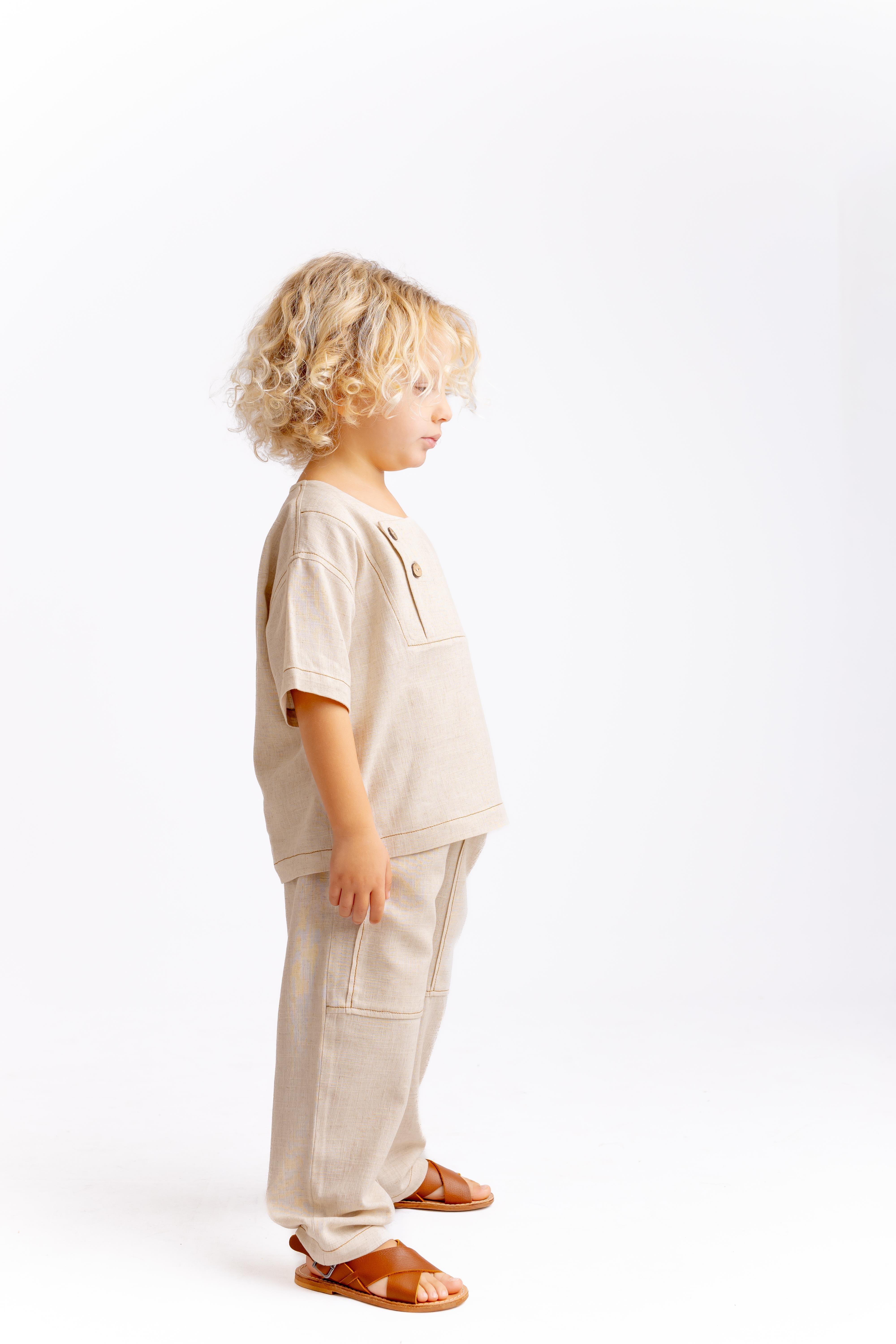 CigitKontrast Dikişli Keten Bluz 2-7 Yaş NATUREL