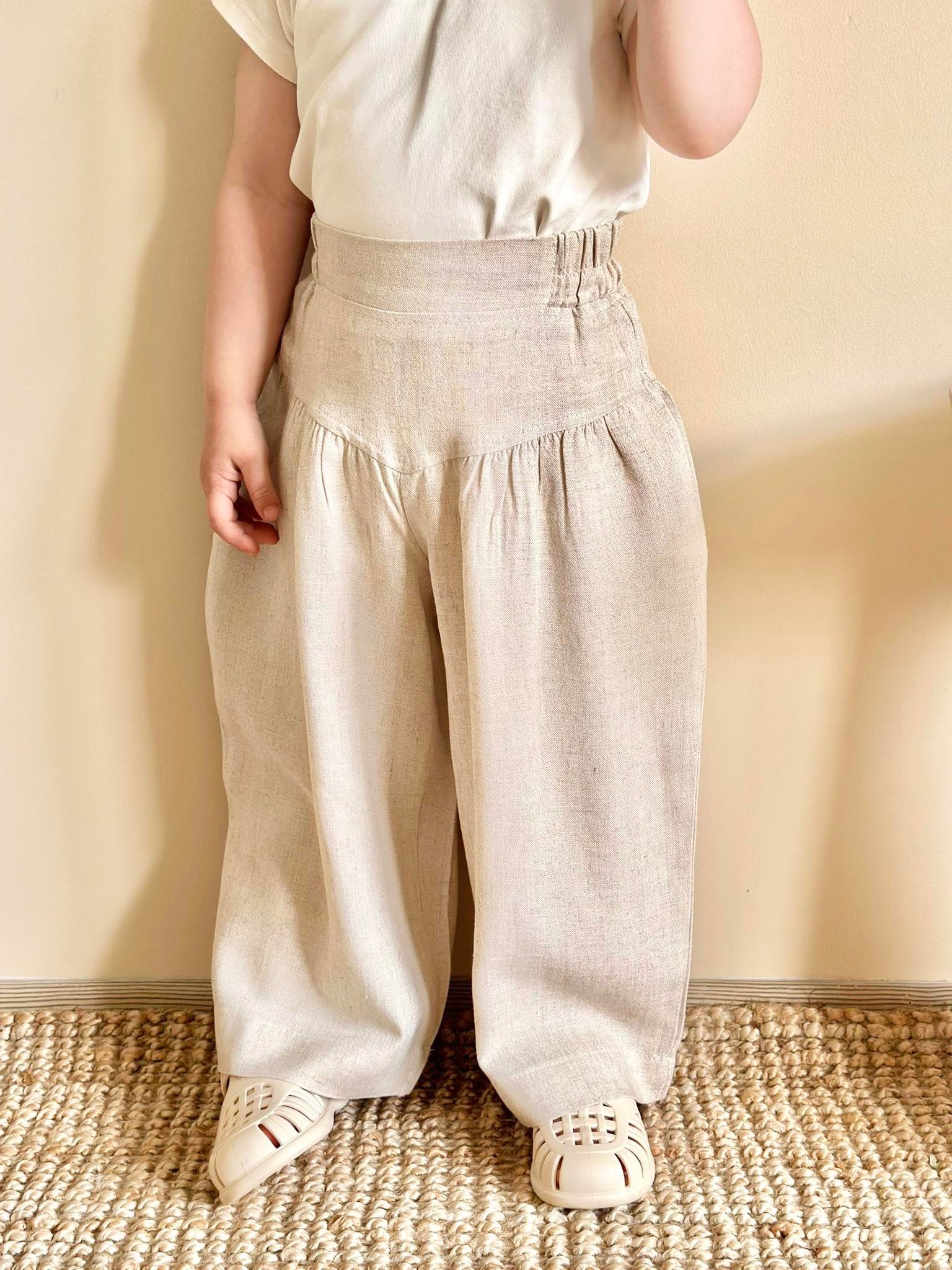 CigitKorsajlı Büzgülü Keten Pantolon 2-7 Yaş Naturel