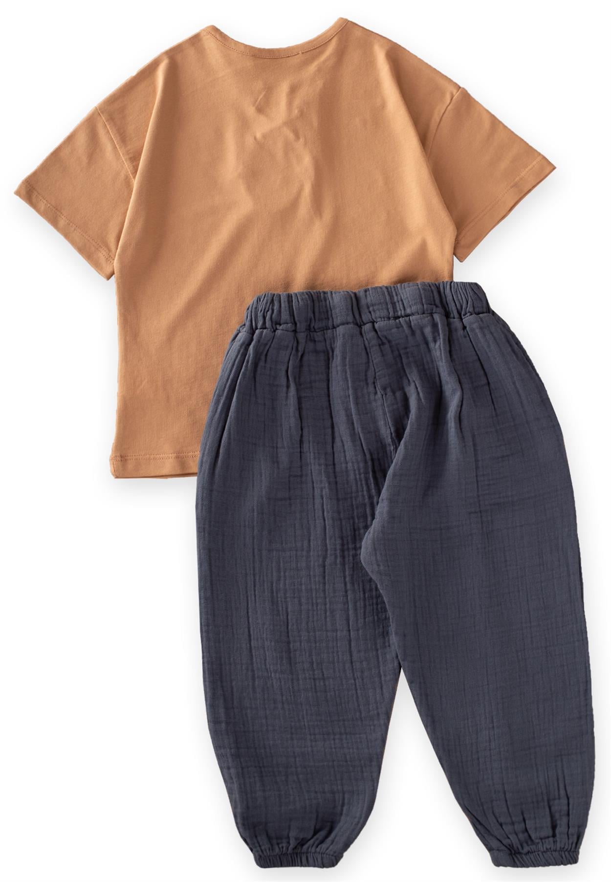 CigitKuş Gözü Detaylı Müslin Pantolonlu Takım 3-9 Yaş Camel