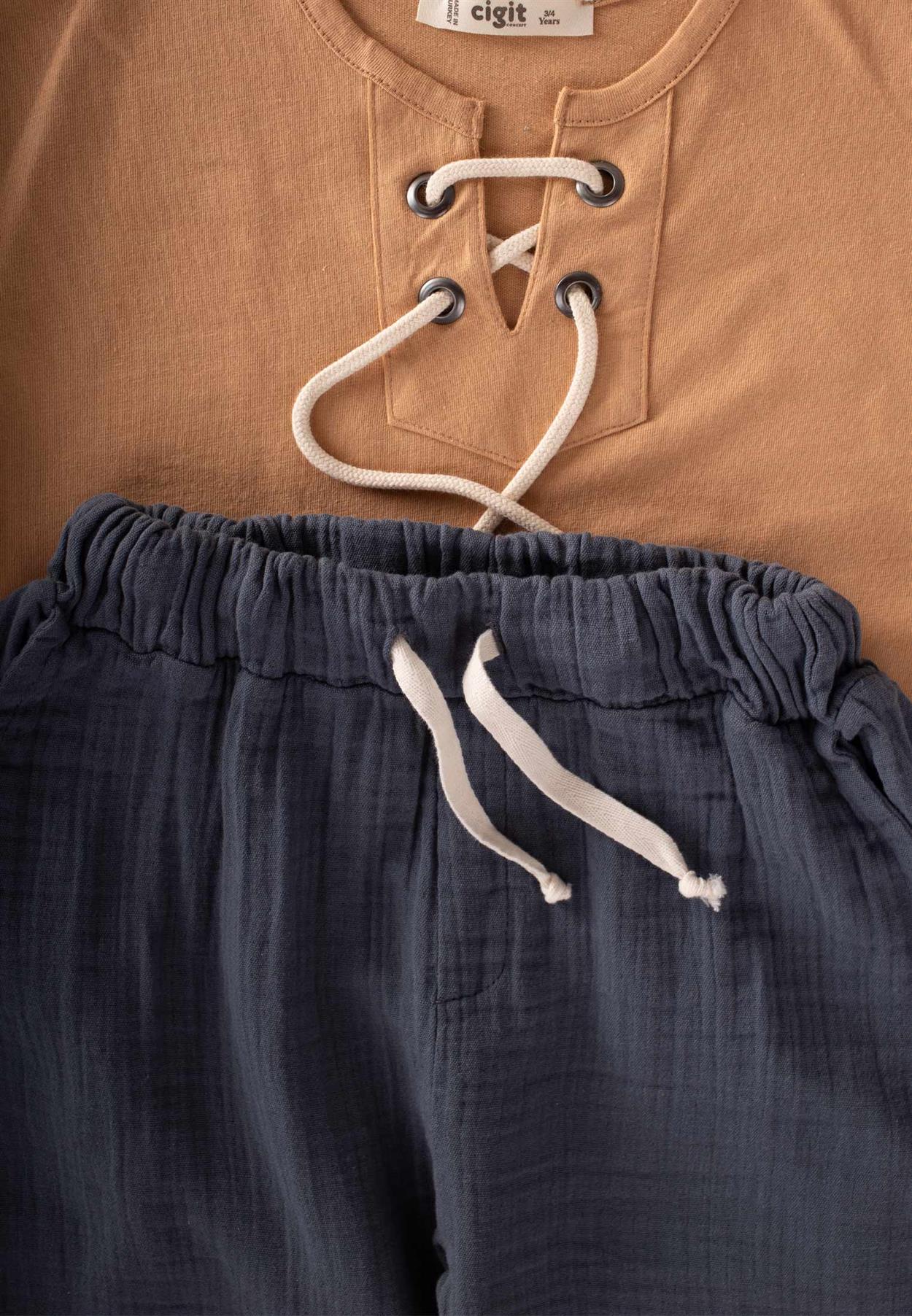 CigitKuş Gözü Detaylı Müslin Pantolonlu Takım 3-9 Yaş Camel