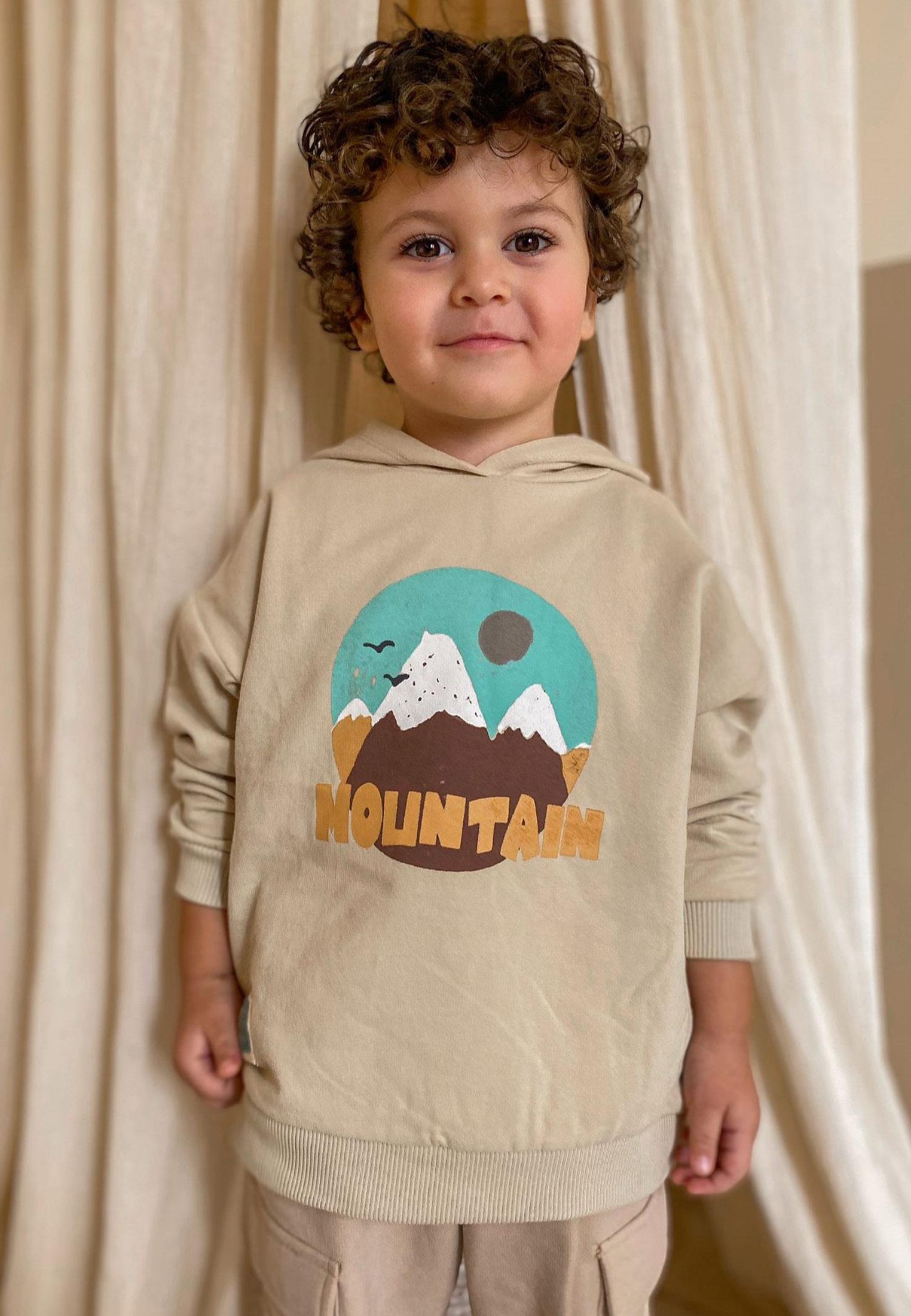 CigitMountaın Baskılı Kapşonlu Sweatshirt 2-10 Yaş Kum