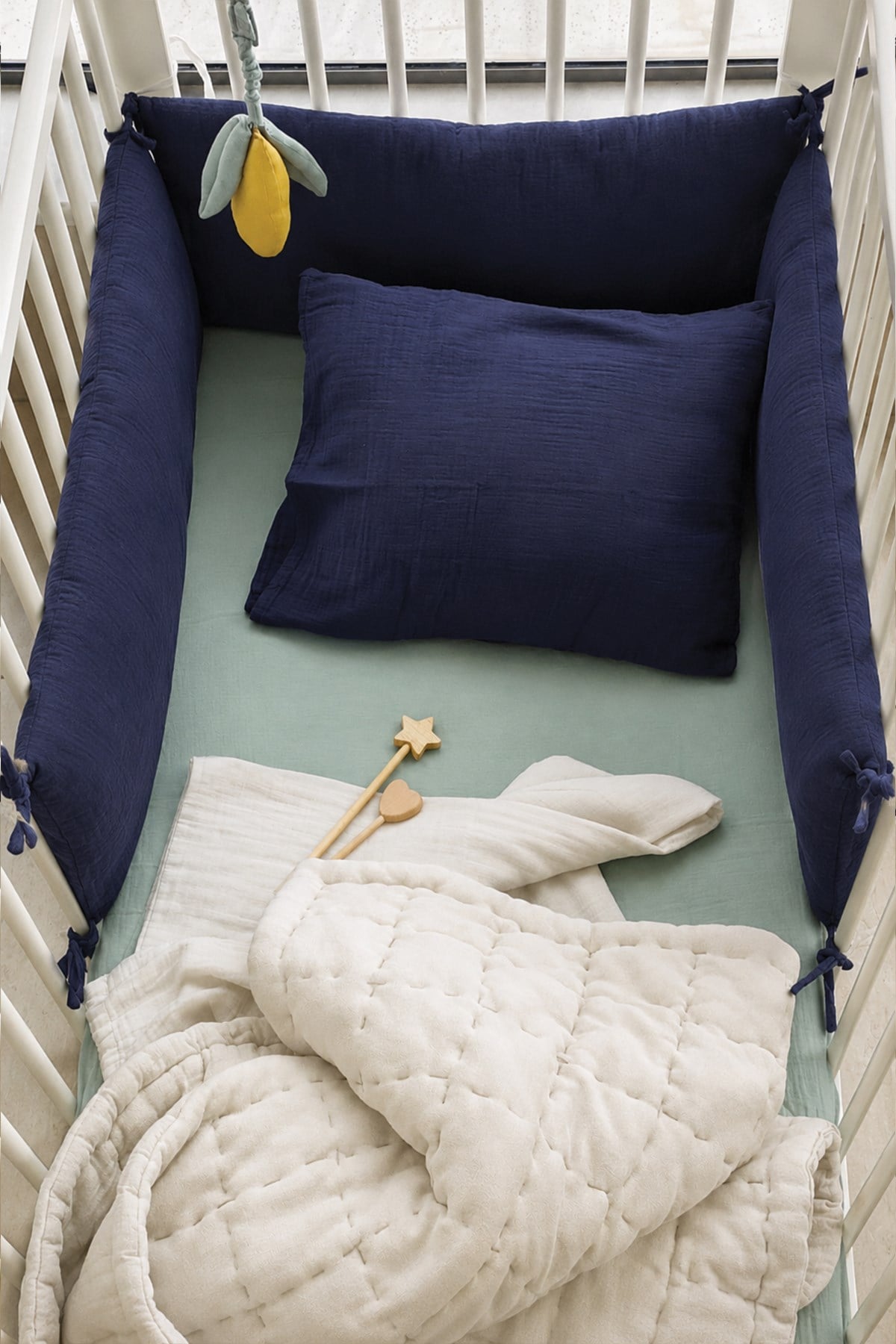 CigitMuslin Baby Bed Protection Pillow Set (Washed) 32X180 cm +/- 2 cm Navy Blue