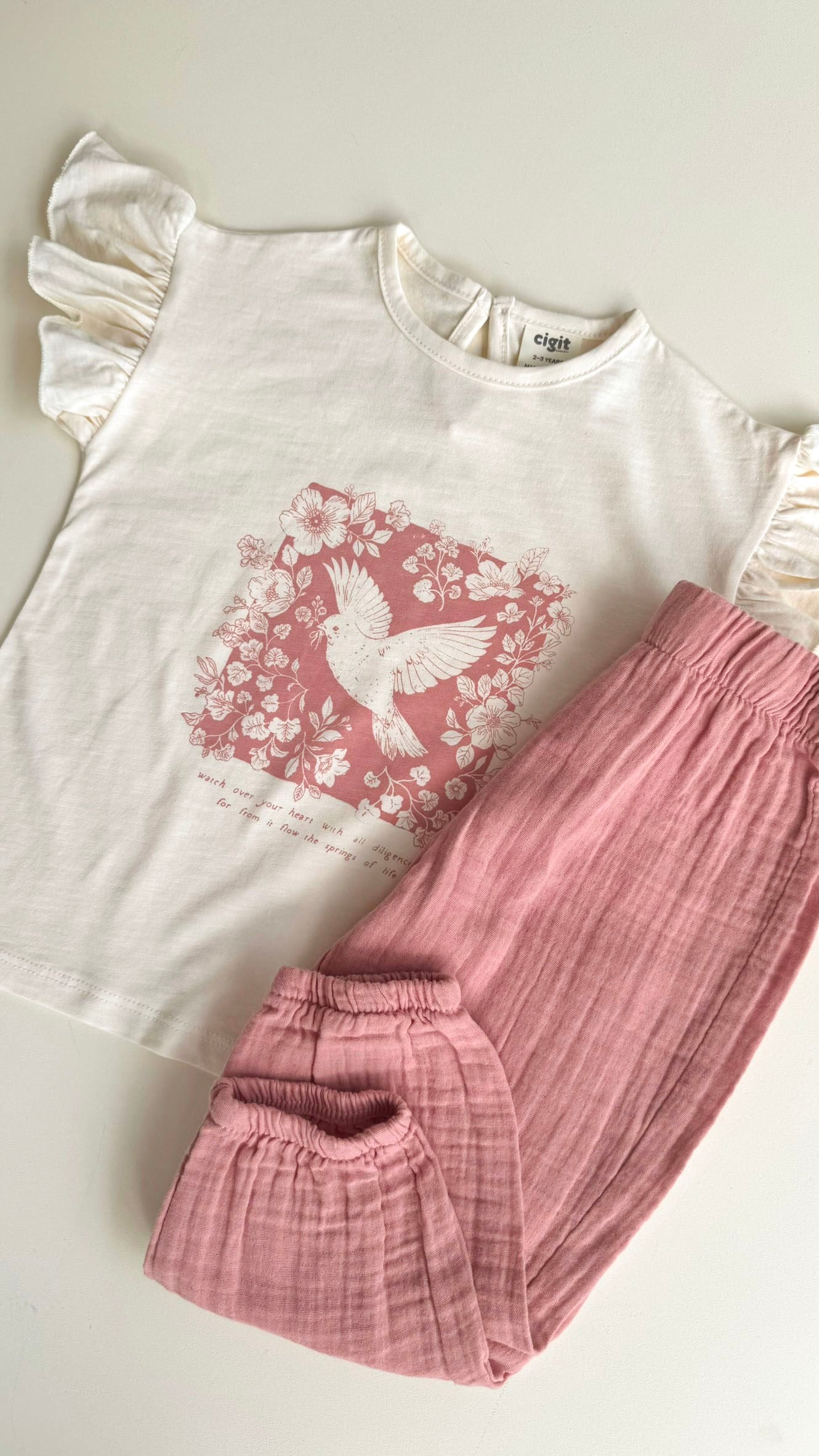 CigitMüslin Şalvarlı T-Shirt Takım 2-10 Yaş Ekru